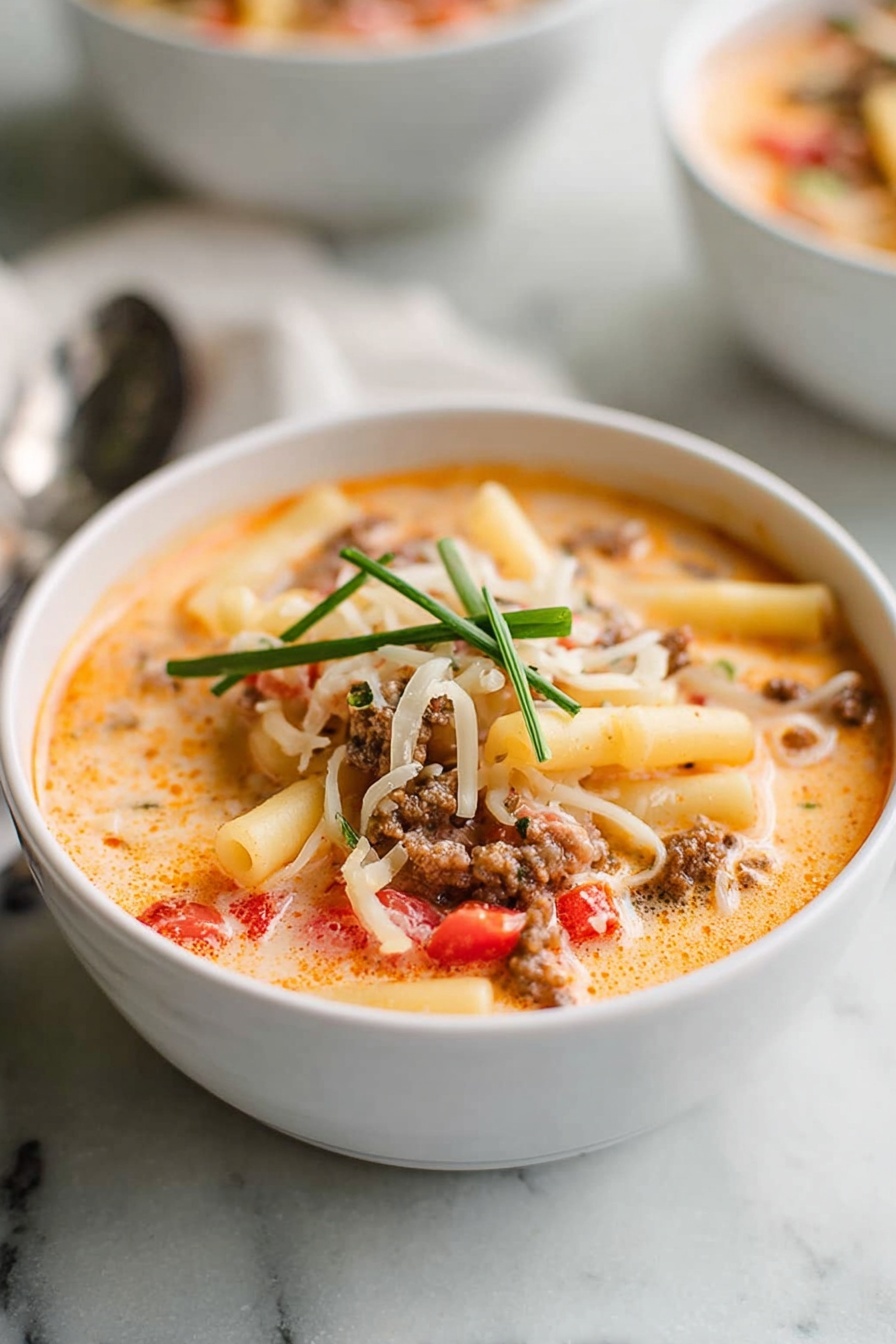 A creamy soup fills a white bowl with two small handles, layered with pale yellow pasta pieces, chunks of red tomato, and small brown meat bits. The soup has a soft orange color with a smooth texture. On top, thin strips of green herb and sprinkled white cheese add color and texture contrast. A white marbled surface holds the bowl, with some green herb and cheese bits scattered around. In the blurred background, two more white bowls with similar soups can be seen. Photo taken with an iphone --ar 2:3 --v 7 - Italian Sausage Soup with Pasta, hearty Italian sausage soup, easy sausage pasta soup recipe, comforting Italian sausage soup, quick weeknight sausage soup