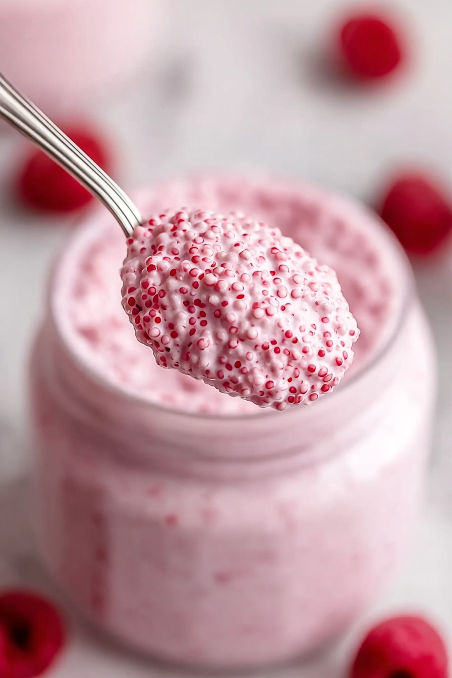 The image shows a close-up of a spoon holding a thick pink mixture filled with small round seeds, with a blurred white jar full of the same pink mixture in the background. The pink texture looks creamy with tiny red seeds spread evenly throughout. Around the jar, there are soft shapes of red berries placed on a white marbled surface that slightly blur in the distance. The overall colors are soft pinks and reds with a clean bright look. The photo was taken with an iphone --ar 2:3 --v 7 - Raspberry Chia Pudding with Maple Syrup, healthy raspberry chia pudding, easy chia seed pudding with berries, vegan raspberry chia dessert, simple breakfast chia pudding