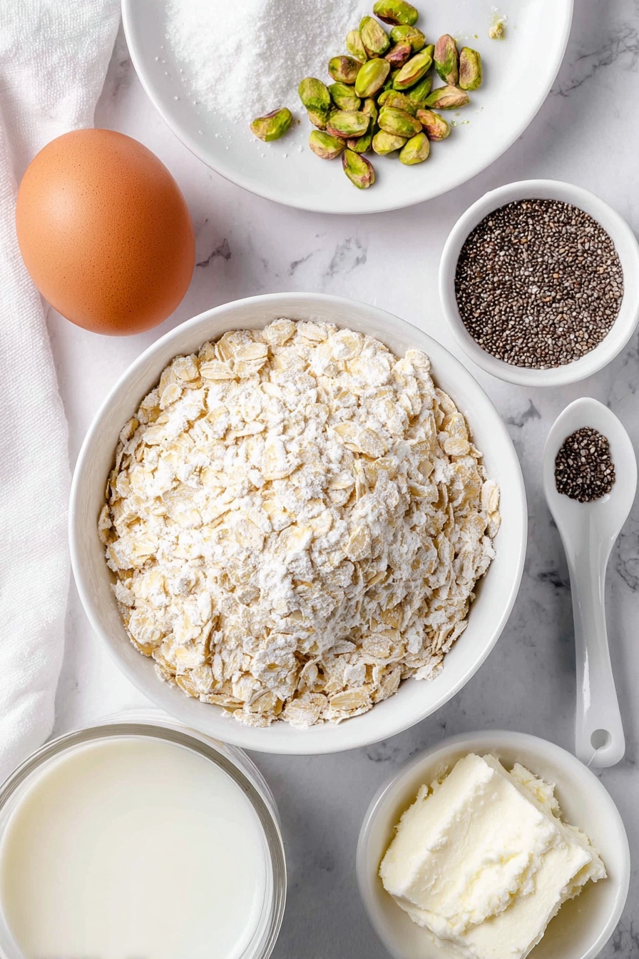 Flat lay of a small mound of rolled oats, a whole brown egg with a clean shell (substitute for the missing eggs in the recipe—none here so omit), a small white ceramic bowl of full-fat milk, a small white bowl filled with white granulated sugar, a small white bowl with black chia seeds, a small white bowl containing finely crushed cardamom powder, a small pinch of bright orange crushed saffron threads placed delicately on a white ceramic plate, a small pinch of fine white salt on a white ceramic spoon-shaped dish (omit utensils—so use a tiny heap on a flat white plate), and a few chopped raw green pistachios scattered artfully on a simple white ceramic dish, all arranged symmetrically and naturally on a clean white marble surface, soft natural light, photo taken with an iPhone, professional food photography style, fresh ingredients, white ceramic bowls, no bottles, no duplicates, no utensils, no packaging --ar 2:3 --v 7 --p m7354615311229779997 - Indian Overnight Oats with Pistachios, Indian overnight oats recipe, healthy overnight oats with cardamom and saffron, easy Indian breakfast oats, pistachio oats parfait