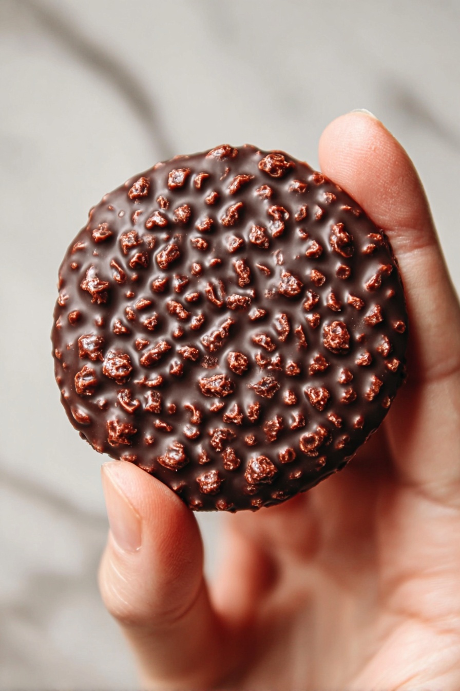 A close-up view of a round chocolate biscuit held by a woman's hand, showing its textured top covered with small, raised nut or crisp pieces embedded in the dark chocolate coating. The biscuit is dark brown with a shiny surface and the woman's hand gently grips it between thumb and forefinger against a blurred white marbled texture background. photo taken with an iphone --ar 2:3 --v 7 - Chocolate Quinoa Bites, healthy chocolate snacks, quick vegan treats, no-bake quinoa desserts, easy chocolate energy bites