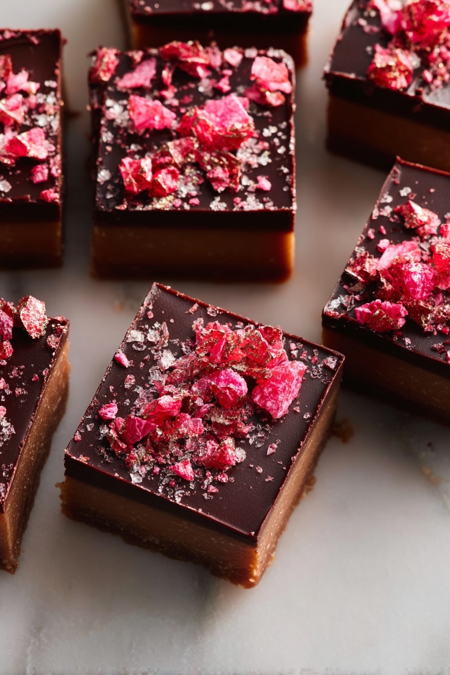The image shows multiple square dessert bars arranged on a piece of brown parchment paper placed on a white marbled surface. Each bar has four distinct layers: the bottom layer is dark brown chocolate, the second layer is light beige with a smooth texture, the third layer is a bright pink jelly-like layer, and the top layer is dark chocolate covered with small red crumbles scattered evenly. A small wooden bowl filled with coarse pink salt is visible in the top right corner with some salt spilled around it. Two bars are positioned to show their side layers clearly. Photo taken with an iphone --ar 2:3 --v 7 - Raspberry Caramel Millionaires Shortbread, Raspberry Caramel Shortbread, Raspberry Caramel Bars, Raspberry Shortbread Dessert, Caramel Raspberry Treats