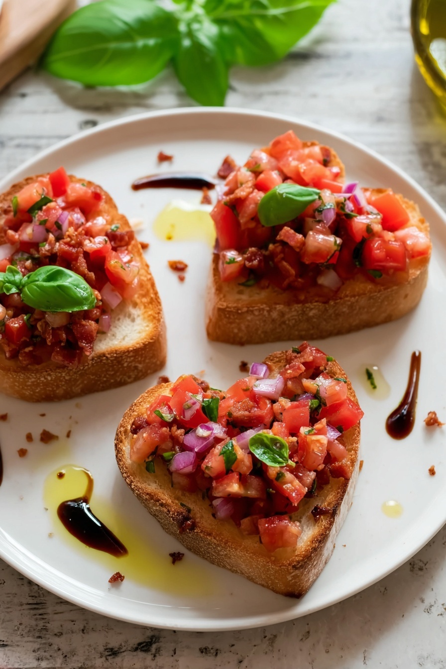 Three heart-shaped slices of bread form the base, each topped with a layer of bright red chopped tomatoes mixed with bits of purple onion and small pieces of crispy bacon scattered on top. Small green basil leaves add a fresh touch on two pieces. The bread's crust is a light brown with a soft off-white inside. The white plate beneath has drops of olive oil and dark balsamic vinegar artfully placed around the slices. The scene rests on a white marbled surface with a blurred green basil leaf in the background, photo taken with an iphone --ar 2:3 --v 7 - Tomato Bacon Bruschetta, Tomato Bacon Appetizer, Easy Bruschetta Recipe, Quick Tomato Snack, Bacon Tomato Bites
