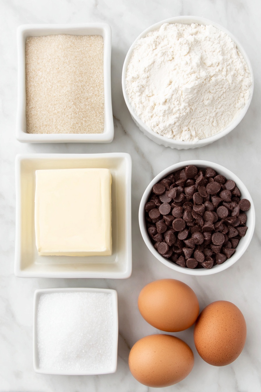 Flat lay of a small heap of pale all-purpose flour, a teaspoon of fine white baking soda powder, a pinch of coarse sea salt crystals, a large square of creamy unsalted butter, a small mound of packed light brown sugar, a small mound of granulated white sugar, two large brown eggs with smooth clean shells, a small white ceramic bowl filled with glossy semisweet chocolate chips in a mix of regular and mini sizes, and a small white ceramic bowl with clear vanilla extract liquid, all arranged in perfect symmetry on a clean white marble surface, soft natural light, photo taken with an iPhone, professional food photography style, fresh ingredients, white ceramic bowls, no bottles, no duplicates, no utensils, no packaging --ar 2:3 --v 7 --p m7354615311229779997 - Heart-Shaped Chocolate Chip Cookies, Valentine's Day cookies, easy heart cookies, chewy chocolate chip cookies, beginner baking treats