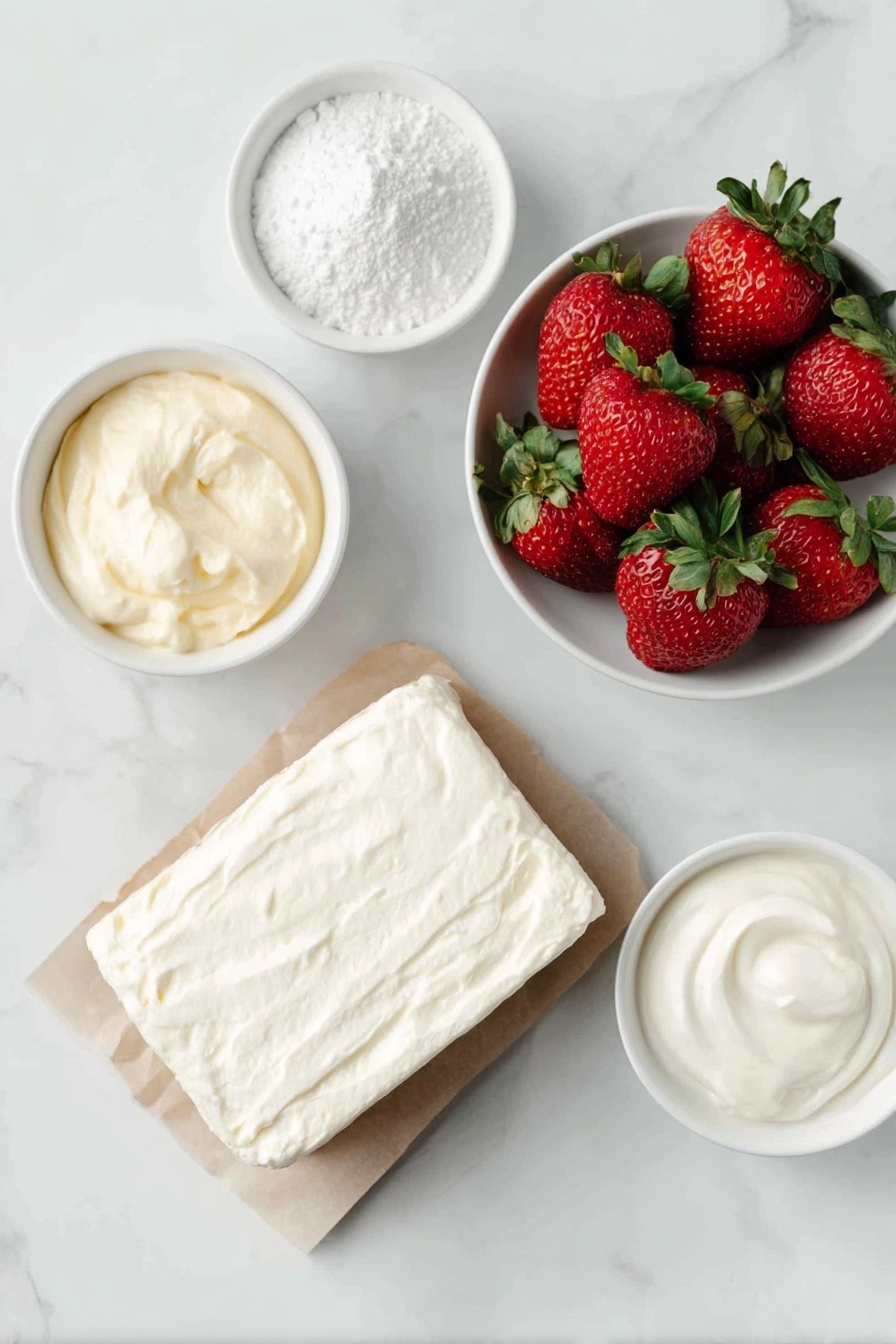 Flat lay of a small block of cream cheese with a smooth surface, a small bowl of thick creamy coconut cream, a small white ceramic bowl filled with fine white powdered sugar, five fresh medium-sized strawberries with green leafy tops intact, a small white bowl holding pale vanilla bean paste, and a small white bowl of creamy yogurt, all arranged in perfect symmetry in natural daylight, placed on a clean white marble surface, soft natural light, photo taken with an iPhone, professional food photography style, fresh ingredients, white ceramic bowls, no bottles, no duplicates, no utensils, no packaging --ar 2:3 --v 7 --p m7354615311229779997 - Strawberry Mousse, strawberry mousse recipe, easy strawberry mousse, quick strawberry dessert, fruity mousse