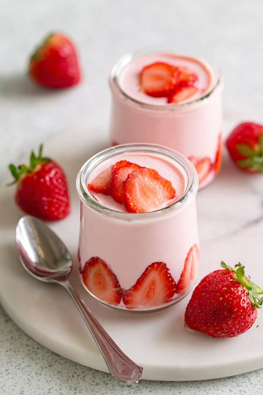 Two small clear glass jars filled with smooth, light pink creamy dessert are placed on a white plate with a white marbled texture. Inside each jar, thin slices of fresh red strawberries line the sides, creating a decorative layer beneath the pink cream that fills the jars almost to the top. Around the plate, whole fresh strawberries with green stems add bright red color. A shiny silver spoon lies on the plate near the jars. The white marbled surface provides a clean and soft background for the arrangement. photo taken with an iphone --ar 2:3 --v 7 - Strawberry Mousse, strawberry mousse recipe, easy strawberry mousse, quick strawberry dessert, fruity mousse