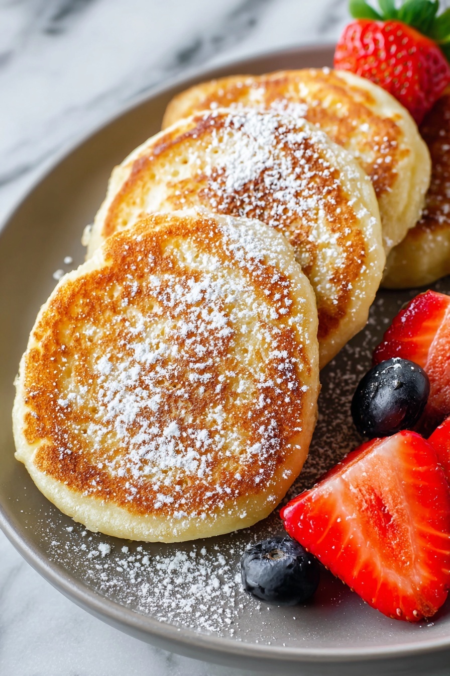 The image shows a white plate with three thick, golden-brown pancakes stacked slightly apart in the center, each pancake having a fluffy and textured surface lightly sprinkled with white powdered sugar. On the right side of the plate, there are three fresh strawberry halves with bright red color and green leafy tops, along with two plump blueberries with a slight sheen. The plate sits on a white marbled surface, adding a clean and elegant background. photo taken with an iphone --ar 2:3 --v 7 - Cheese Cottage Pancakes, cheesy cottage cheese pancakes, fluffy cottage cheese pancakes, easy cheese pancake recipe, breakfast cheese pancakes