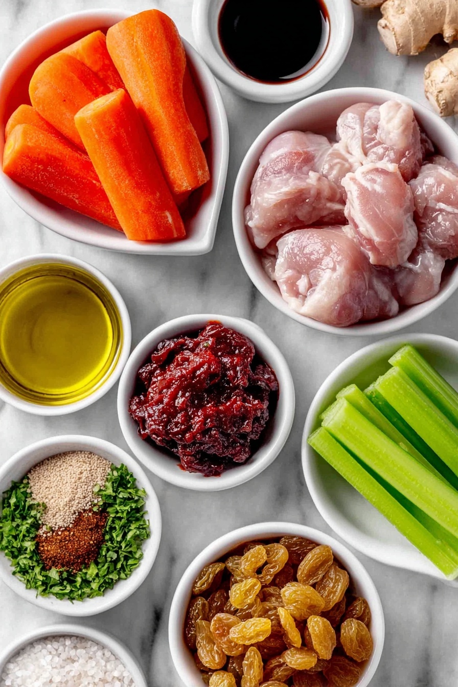 Flat lay of extra virgin olive oil in a small white ceramic bowl, red wine vinegar in a small white ceramic bowl, a small white ceramic bowl of bright red tomato paste, four peeled garlic cloves, a small white ceramic bowl with ground cinnamon, a small white ceramic bowl with ground ginger, a small white ceramic bowl of Ras el Hanout spice blend, six raw boneless skinless chicken thighs, three fresh orange carrots cut into 1-inch pieces, two fresh celery ribs cut into 1-inch pieces, one large red onion halved and sliced into thick rings, a small handful of golden raisins, one cup of dry couscous grains in a small white ceramic bowl, one cup of fresh chopped flat-leaf parsley, kosher salt and black peppercorns scattered lightly, placed on a clean white marble surface, soft natural light, photo taken with an iPhone, professional food photography style, fresh ingredients, white ceramic bowls, no bottles, no duplicates, no utensils, no packaging --ar 2:3 --v 7 --p m7354615311229779997 - Moroccan Spiced Chicken with Couscous, Moroccan chicken and couscous, Middle Eastern chicken recipes, aromatic Moroccan chicken dish, easy Moroccan chicken dinner