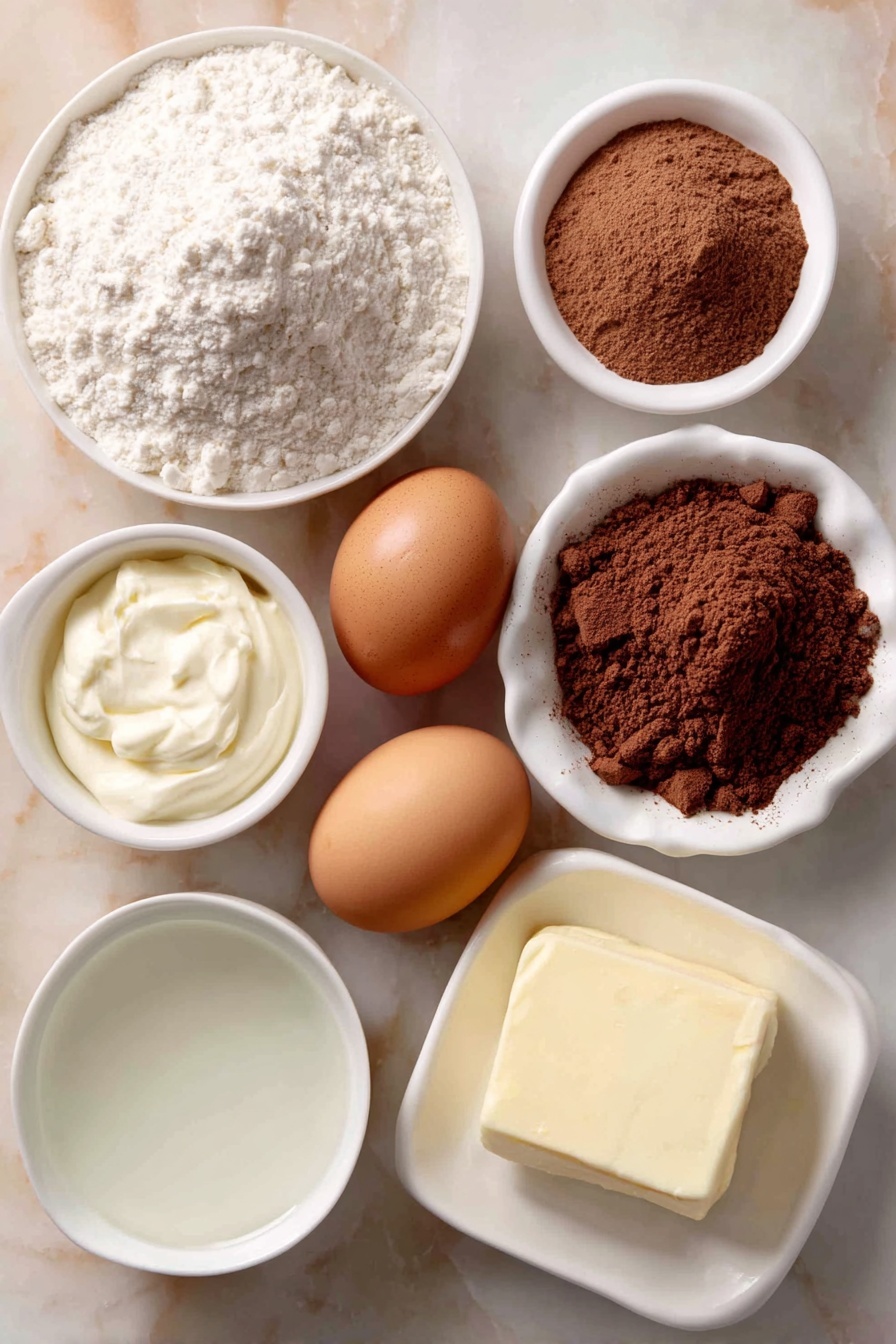 Flat lay of a small mound of all-purpose flour, a heap of unsweetened cocoa powder, a small pile of light brown sugar, three large whole brown eggs with clean shells, a few teaspoons of ground cinnamon and baking soda arranged neatly as fine powders, a pinch of salt and baking powder in tiny white bowls, a small white bowl of creamy mayonnaise, a small white bowl of hot water with steam rising subtly, a white ceramic dish holding a neat pat of shortening, and a small white bowl of clear vanilla extract liquid, all placed on a clean white marble surface, soft natural light, photo taken with an iPhone, professional food photography style, fresh ingredients, white ceramic bowls, no bottles, no duplicates, no utensils, no packaging --ar 2:3 --v 7 --p m7354615311229779997 - Moist Chocolate Mayonnaise Sheet Cake, chocolate mayonnaise cake, easy chocolate sheet cake, homemade chocolate cake, moist chocolate cake recipe
