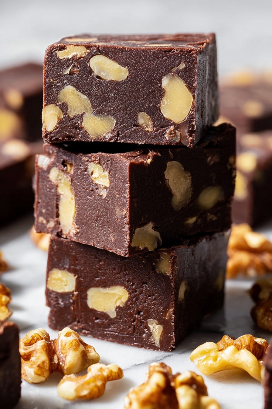 The image shows a stack of six thick, dark brown chocolate fudge squares with visible chunks of light beige walnuts inside. One square on top has a bite taken out, showing a smooth and dense texture inside with walnut pieces. The fudge pieces are arranged on a crumpled white paper over a white marbled surface. Around the fudge, there are some loose walnut halves scattered, and a blurred plate with more walnuts is in the background. A few flakes of white salt are sprinkled on the fudge top. Photo taken with an iphone --ar 2:3 --v 7 - Foolproof Chocolate Fudge, easy chocolate fudge recipe, creamy fudge dessert, quick chocolate fudge, homemade chocolate fudge