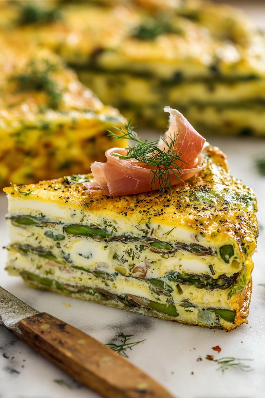 A thick slice of frittata sits on a white marbled surface showing five distinct layers of cooked egg mixed with green herbs and asparagus spears running horizontally inside. The top layer is golden with a rough texture sprinkled with seasoning and small green herbs then garnished with a small bunch of fresh dill and a thin curled slice of pink prosciutto. The background shows other blurred slices of the same frittata. A knife with a wooden handle lies in front of the slice. Photo taken with an iphone --ar 2:3 --v 7 - Asparagus Egg Frittata, asparagus frittata, brunch egg casserole, healthy egg breakfast, easy vegetable frittata