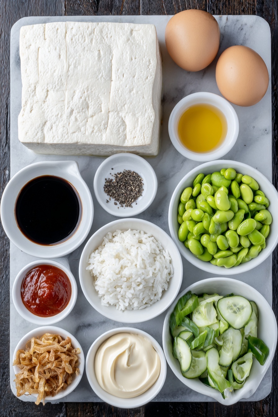 Flat lay of a whole block of extra firm tofu with natural texture, two uncracked brown eggs, a small pile of coarse salt crystals, a small pile of whole black peppercorns, a few fresh garlic cloves, a small white ceramic bowl with dark soy sauce, a small white ceramic bowl with golden maple syrup, a small white ceramic bowl with bright red sriracha, a small white ceramic bowl with smooth tomato paste, a small white ceramic bowl with creamy vegan mayo, a small white ceramic bowl with clear rice vinegar, a small white ceramic bowl with freshly grated pale yellow ginger, a mound of cooked white sushi rice, a handful of bright green shelled edamame, a thinly sliced English cucumber arranged neatly, diced ripe green avocado chunks, a small pile of crispy fried onions with golden brown color, fresh sprigs of vibrant green cilantro, and sliced green onions with white and green stalks, all arranged with perfect symmetry on a clean white marble surface, soft natural light, photo taken with an iPhone, professional food photography style, fresh ingredients, white ceramic bowls, no bottles, no duplicates, no utensils, no packaging --ar 2:3 --v 7 --p m7354615311229779997 - Sticky Glazed Tofu Bowls with Yum Yum Sauce, plant-based tofu bowls, healthy tofu bowl recipes, easy tofu dinner ideas, flavorful Asian tofu dishes