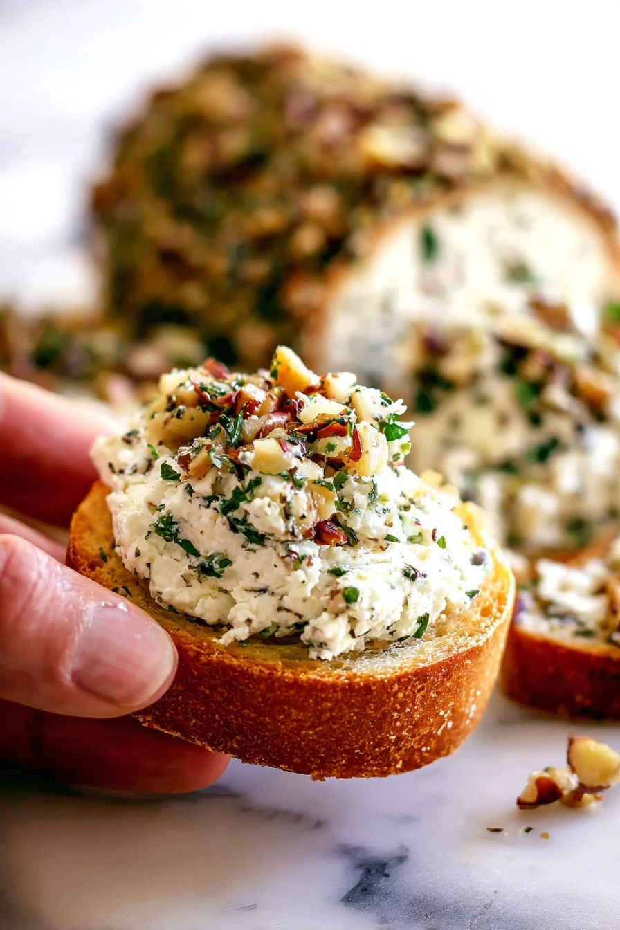 A close-up view shows a small toasted white bread round topped with a thick layer of white creamy cheese mixed with chopped green herbs and crushed nuts. In the background, a larger log of the same cheese mixture is covered in a nutty and herb coating, resting on a white marbled surface. A woman's hand is gently holding the small bread with cheese, highlighting the texture and colors of the topping. Photo taken with an iphone --ar 2:3 --v 7 - Herb Garlic Cheese Log with Pecan Coating, Cheese Log Appetizer, Garlic Herb Cheese Ball, Pecan Coated Cheese Spread, party cheese appetizer