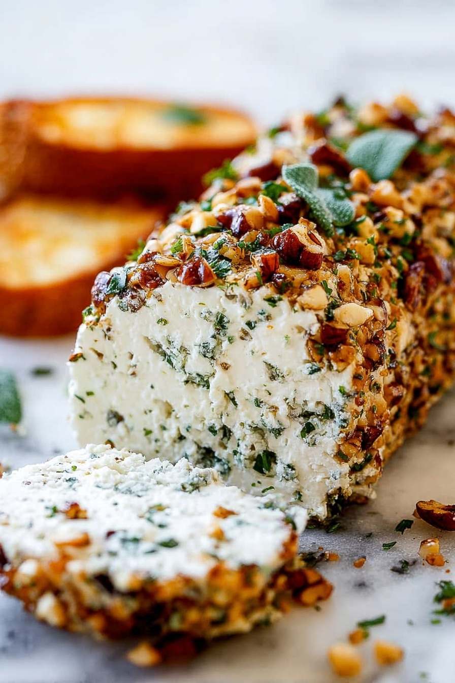The image shows a close-up of a cheese roll covered with chopped nuts and green herbs. The cheese inside is white with bits of green herbs mixed in, and the outer layer is a crunchy nuts coating with small pieces of brown nuts all around. The cheese looks soft and creamy, with a rough textured slice on one side. In the background, there are blurred pieces of toasted bread with a golden brown color. The surface underneath is a white marbled texture with small bits of nuts and herbs scattered around. photo taken with an iphone --ar 2:3 --v 7 - Herb Garlic Cheese Log with Pecan Coating, Cheese Log Appetizer, Garlic Herb Cheese Ball, Pecan Coated Cheese Spread, party cheese appetizer