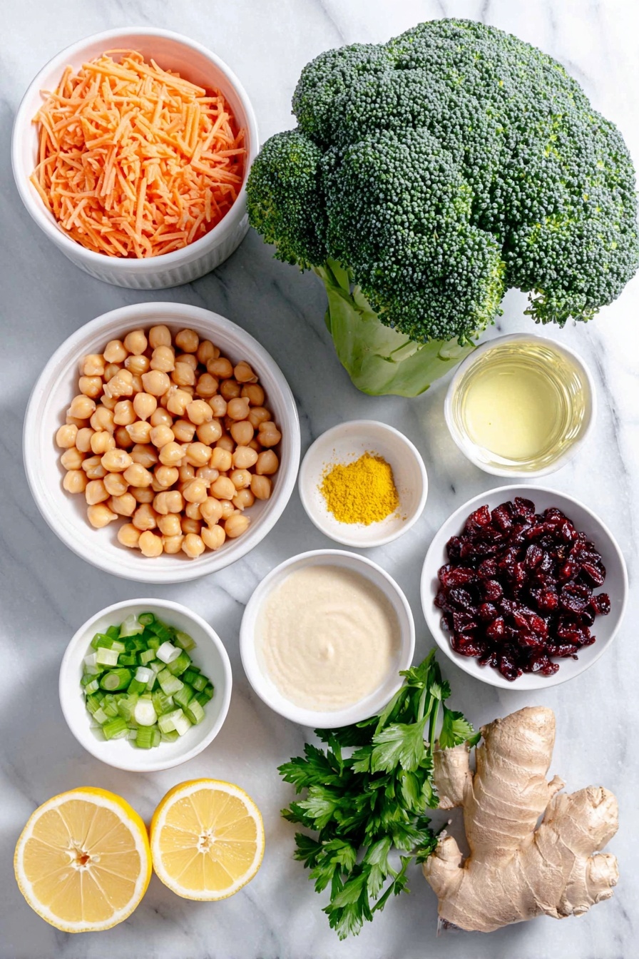 Flat lay of a fresh head of broccoli, a small mound of finely shredded bright orange carrots, a small white ceramic bowl of rinsed chickpeas, a small white bowl filled with toasted sliced almonds, a small white bowl containing dried cranberries, a bunch of green onions with white ceramic bowl underneath holding chopped green onions, a small bunch of fresh cilantro leaves, a small white bowl of creamy tahini, a small white bowl with fresh lemon wedges and lemon halves, a small white bowl with finely minced garlic, a small white bowl of golden yellow curry powder, a small white bowl with freshly grated ginger, a small white bowl of bright yellow ground turmeric, a small white bowl of pure maple syrup, a small white bowl of warm water for thinning, a small white bowl of coarse salt, a small white bowl of freshly cracked black pepper, all ingredients fresh and natural, perfectly arranged symmetrically on a clean white marble surface, soft natural light, photo taken with an iPhone, professional food photography style, fresh ingredients, white ceramic bowls, no bottles, no duplicates, no utensils, no packaging --ar 2:3 --v 7 --p m7354615311229779997 - Vegan Curry Broccoli Chickpea Salad, healthy vegan salad with curry, easy vegan chickpea salad, nutritious broccoli salad, flavorful vegan lunch idea