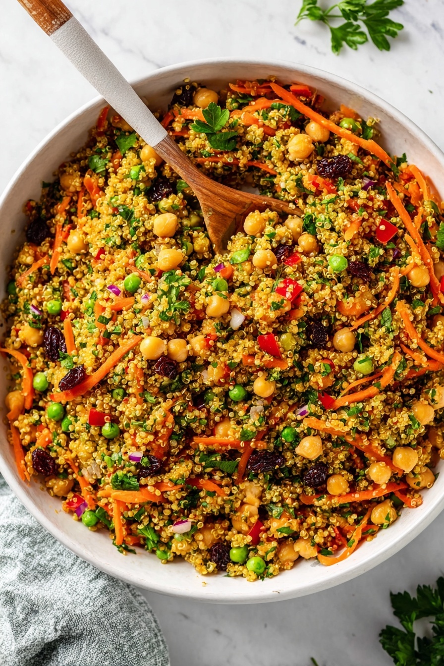 A large white bowl filled with a colorful quinoa salad that has multiple layers mixed together. The base layer consists of small, light yellow quinoa grains. Mixed in are bright orange thin carrot strips scattered throughout. There are also chunks of red bell pepper pieces adding a vivid color contrast. Light beige chickpeas are spread evenly around the salad, along with small green peas. Dark purple raisin pieces are scattered here and there, adding darker tones. Finely chopped green herbs and bits of red onion are mixed in, adding texture and freshness. A wooden spoon with a white handle rests inside the bowl. The bowl sits on a white marbled surface with some green parsley leaves nearby. photo taken with an iphone --ar 2:3 --v 7 - Vibrant Curry Chickpea Quinoa Salad, healthy quinoa chickpea salad, spicy chickpea salad recipe, colorful vegetable quinoa salad, easy vegetarian salad