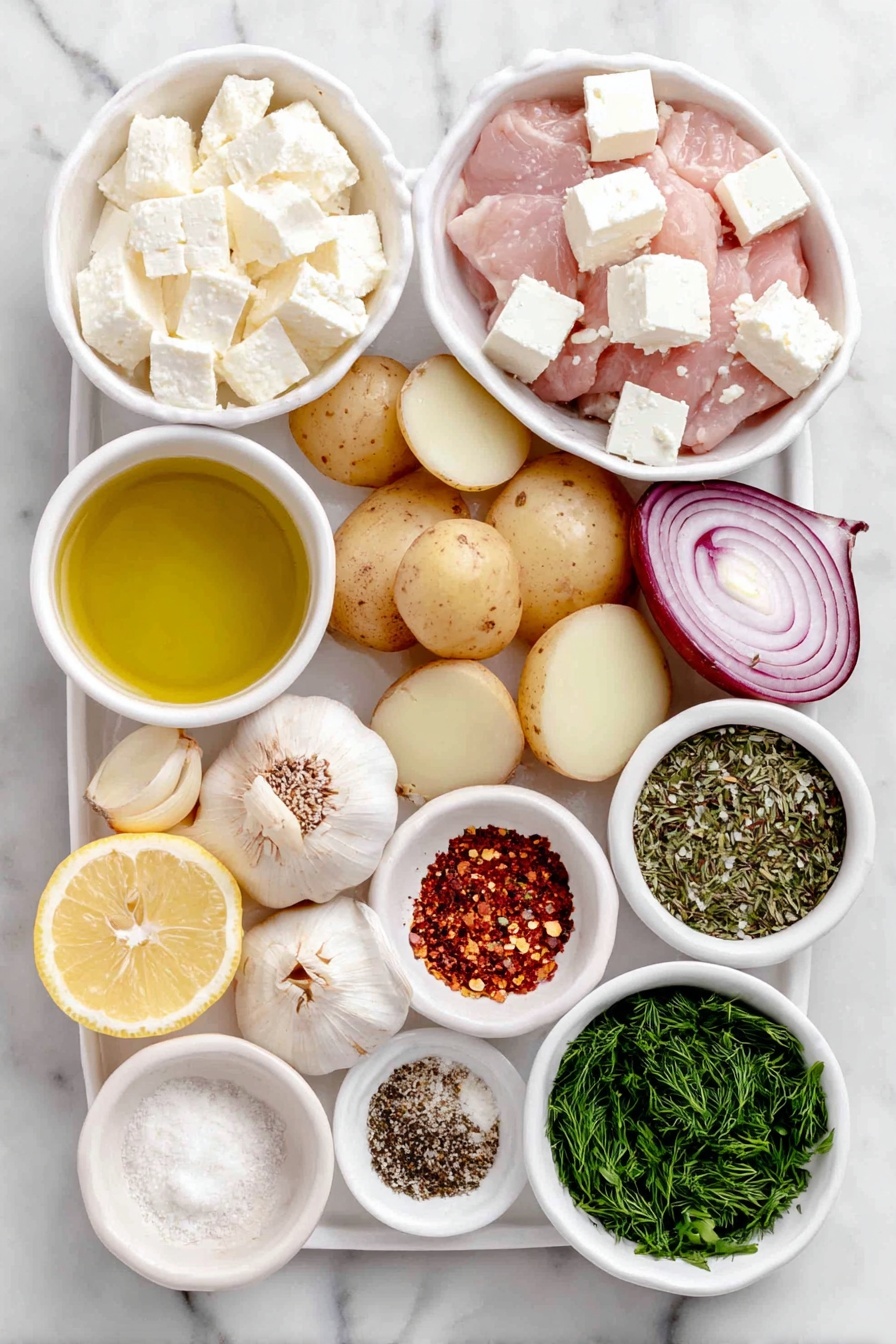 Flat lay of a small white ceramic bowl with extra virgin olive oil, a whole lemon with bright yellow zest, lemon juice in a small white bowl, six peeled garlic cloves, a small mound of dijon mustard, dried oregano in a neat pile, sweet paprika powder, kosher salt crystals, freshly ground black pepper, halved fingerling potatoes with smooth skin, thin lemon slices, large chunks of yellow onion, raw boneless skinless chicken thighs with fresh pink flesh, crumbled white feta cheese on a simple white ceramic plate, chopped fresh parsley sprigs, chopped fresh dill sprigs, and a small white bowl of red pepper flakes, all arranged in perfect symmetry on a clean white marble surface, soft natural light, photo taken with an iPhone, professional food photography style, fresh ingredients, white ceramic bowls, no bottles, no duplicates, no utensils, no packaging --ar 2:3 --v 7 --p m7354615311229779997 - Lemon Garlic Chicken and Potatoes Bake, lemon garlic chicken sheet pan, easy lemon garlic chicken dinner, healthy baked chicken and potatoes, flavorful sheet pan chicken