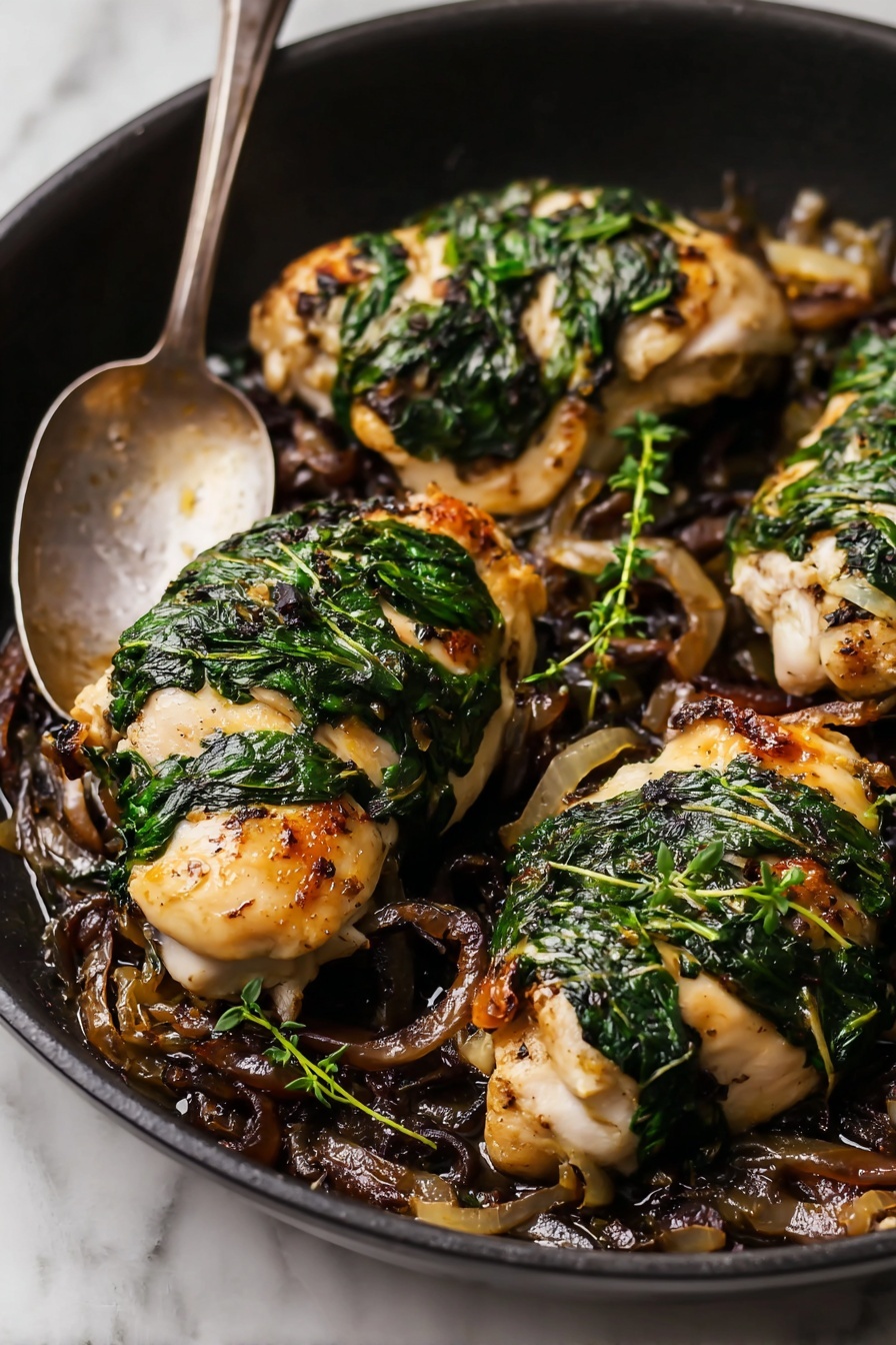 A black pan holds four white chicken pieces with dark green spinach leaves layered on top in stripes. The chicken rests over a bed of browned onions and mushrooms, creating a rich dark brown base. Small sprigs of fresh green herbs add extra detail around the chicken. A silver spoon rests on the edge of the pan which sits on a white marbled surface. The lighting highlights the juicy texture of the chicken and the leafy spinach on top, giving a warm and fresh look. photo taken with an iphone --ar 2:3 --v 7 - Goat Cheese Stuffed Chicken with Caramelized Onions, stuffed chicken breast recipes, easy chicken dinner ideas, elegant chicken recipes, savory stuffed chicken