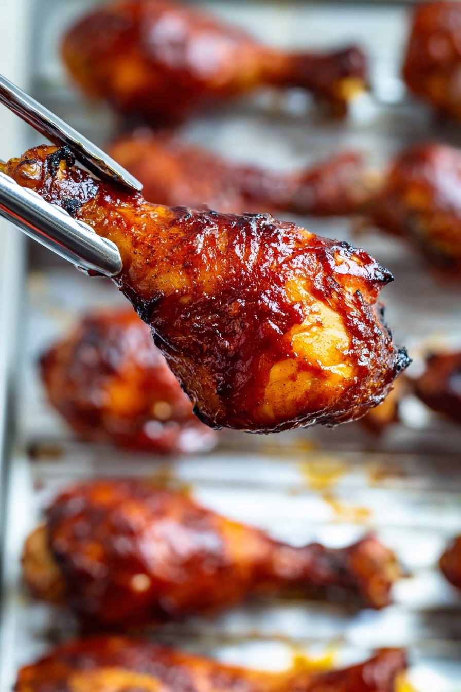 The image shows a close-up of several cooked chicken drumsticks on a metal rack over a white marbled surface. The chicken drumsticks are covered in a shiny, dark reddish-brown sauce that looks sticky and well-cooked, with some areas appearing slightly charred and crispy. The drumsticks have a textured surface with visible spice rubs and grill marks, giving them a rich, appetizing look. The light highlights the glossy sauce, making the chicken look tender and juicy. The background is blurred but maintains the white marbled texture, keeping the focus on the chicken pieces. photo taken with an iphone --ar 2:3 --v 7 - Baked BBQ Chicken Drumsticks, BBQ chicken recipes, easy chicken drumsticks, flavorful baked chicken, smoky BBQ chicken