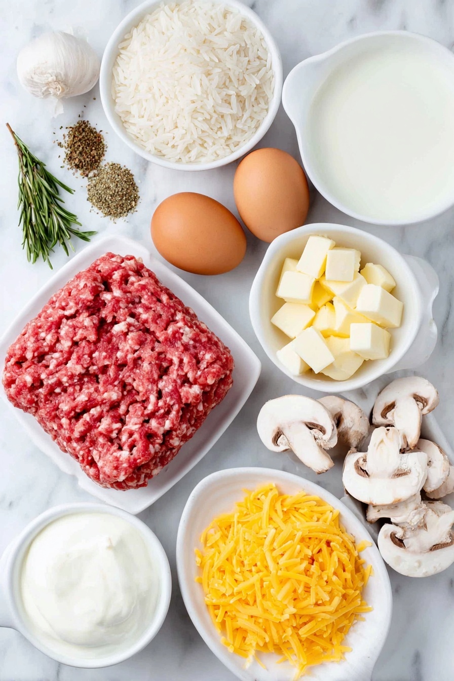 Flat lay of fresh raw ground beef patty, a small pile of Italian seasoning herbs, two whole brown eggs with clean shells, a few cubes of creamy butter, a small mound of diced white onions, a small heap of minced garlic cloves, a simple white bowl filled with beef broth, a small pile of uncooked white long grain rice, fresh sliced white button mushrooms, a small white bowl of smooth cream of mushroom soup, a small white bowl of fresh milk, a small dollop of thick sour cream on a white plate, and shredded bright orange cheddar cheese scattered neatly, all ingredients arranged with perfect symmetry on simple white ceramic bowls and plates, placed on a clean white marble surface, soft natural light, photo taken with an iPhone, professional food photography style, fresh ingredients, white ceramic bowls, no bottles, no duplicates, no utensils, no packaging --ar 2:3 --v 7 --p m7354615311229779997 - Cheesy Ground Beef and Rice Casserole, hearty beef and rice bake, easy cheesy casserole, family-friendly comfort food, quick dinner ideas
