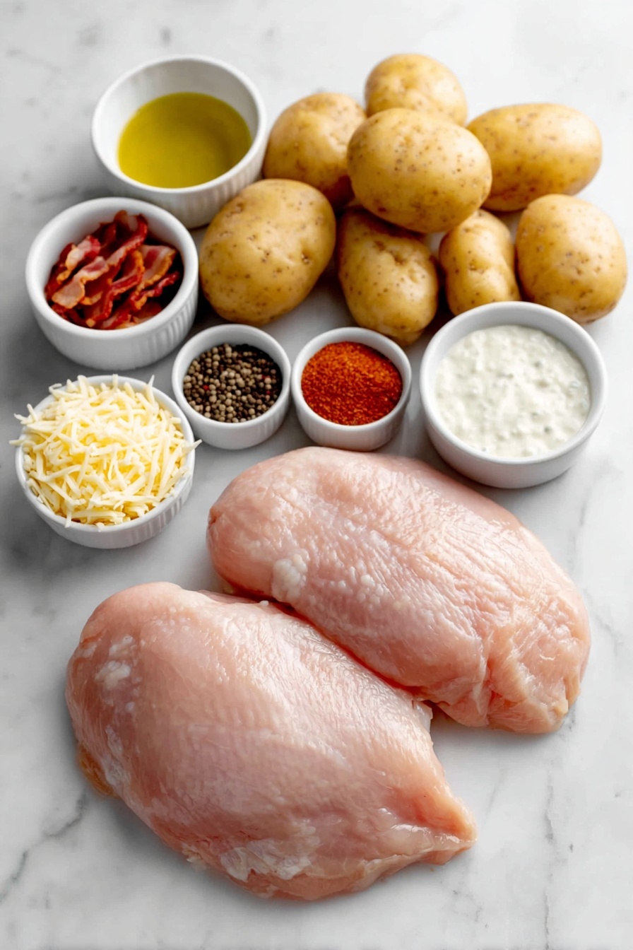 Flat lay of two whole uncut chicken breasts, four whole medium potatoes, six raw bacon strips, a small white bowl of olive oil, a small white bowl of dry ranch seasoning powder, a small white bowl of coarse salt, a small white bowl of black peppercorns, a small white bowl of paprika powder, a small white bowl of garlic powder, a small white bowl of shredded mozzarella cheese, a small white bowl of creamy ranch dressing, all arranged symmetrically on a clean white marble surface, soft natural light, photo taken with an iPhone, professional food photography style, fresh ingredients, white ceramic bowls, no bottles, no duplicates, no utensils, no packaging --ar 2:3 --v 7 --p m7354615311229779997 - Chicken Bacon Ranch Potato Skillet, chicken skillet recipes, bacon potato skillet, ranch dinner ideas, one-pan chicken dishes