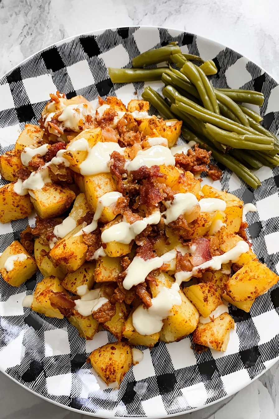 On a white plate with a black and white checkered pattern, there is a pile of diced cooked potatoes mixed with small pieces of browned meat and melted cheese. The potatoes and meat have a golden-brown and reddish color with a slightly crispy texture. White creamy sauce is drizzled over the top in uneven lines. To the side of this, there is a small pile of green beans, cut into short pieces, with a soft and smooth texture. The plate sits on a white marbled surface. photo taken with an iphone --ar 2:3 --v 7 - Chicken Bacon Ranch Potato Skillet, chicken skillet recipes, bacon potato skillet, ranch dinner ideas, one-pan chicken dishes