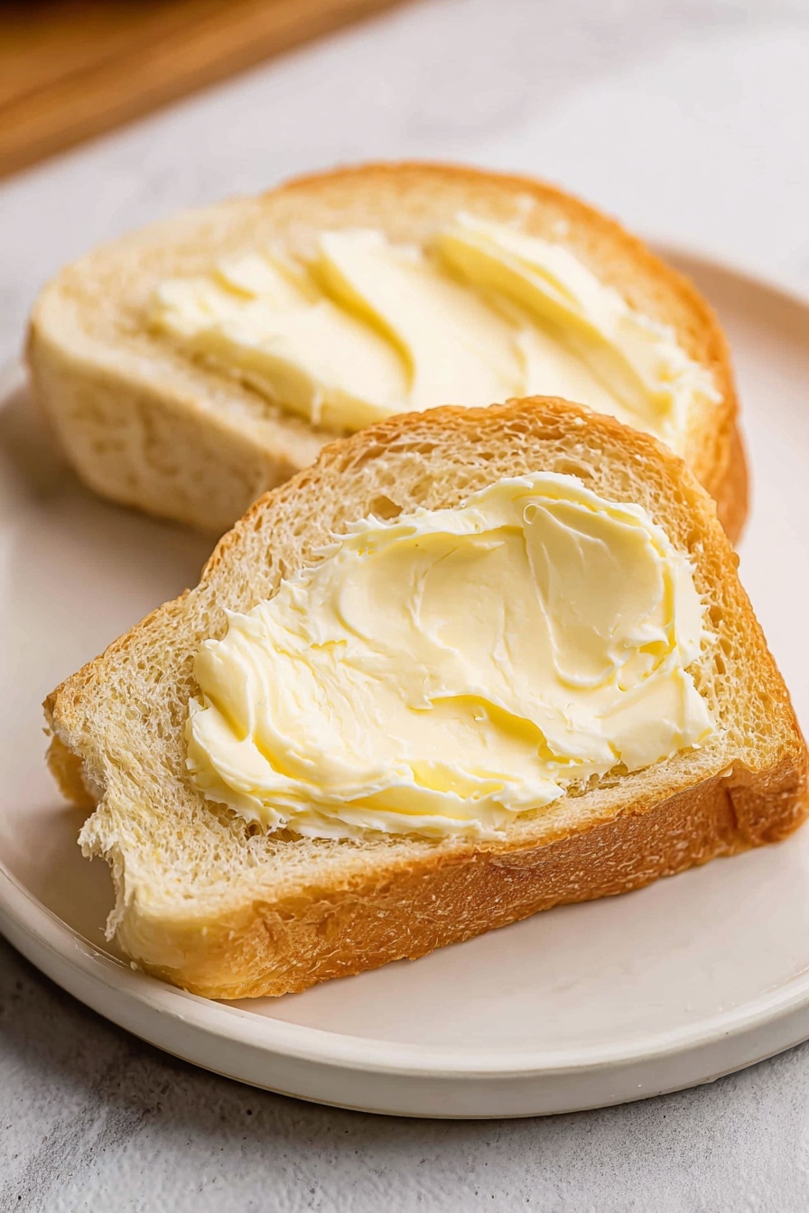 The image shows two slices of bread with a golden-brown crust and a soft beige inside. Each slice is spread thickly with a smooth, creamy pale yellow butter. The bread slices are placed on a simple white plate, which rests on a white marbled surface. The texture of the butter looks soft and easy to spread, with visible swirls and layers on the top. photo taken with an iphone --ar 2:3 --v 7 - Homemade Butter, homemade butter recipe, how to make butter at home, easy butter recipe, fresh homemade butter