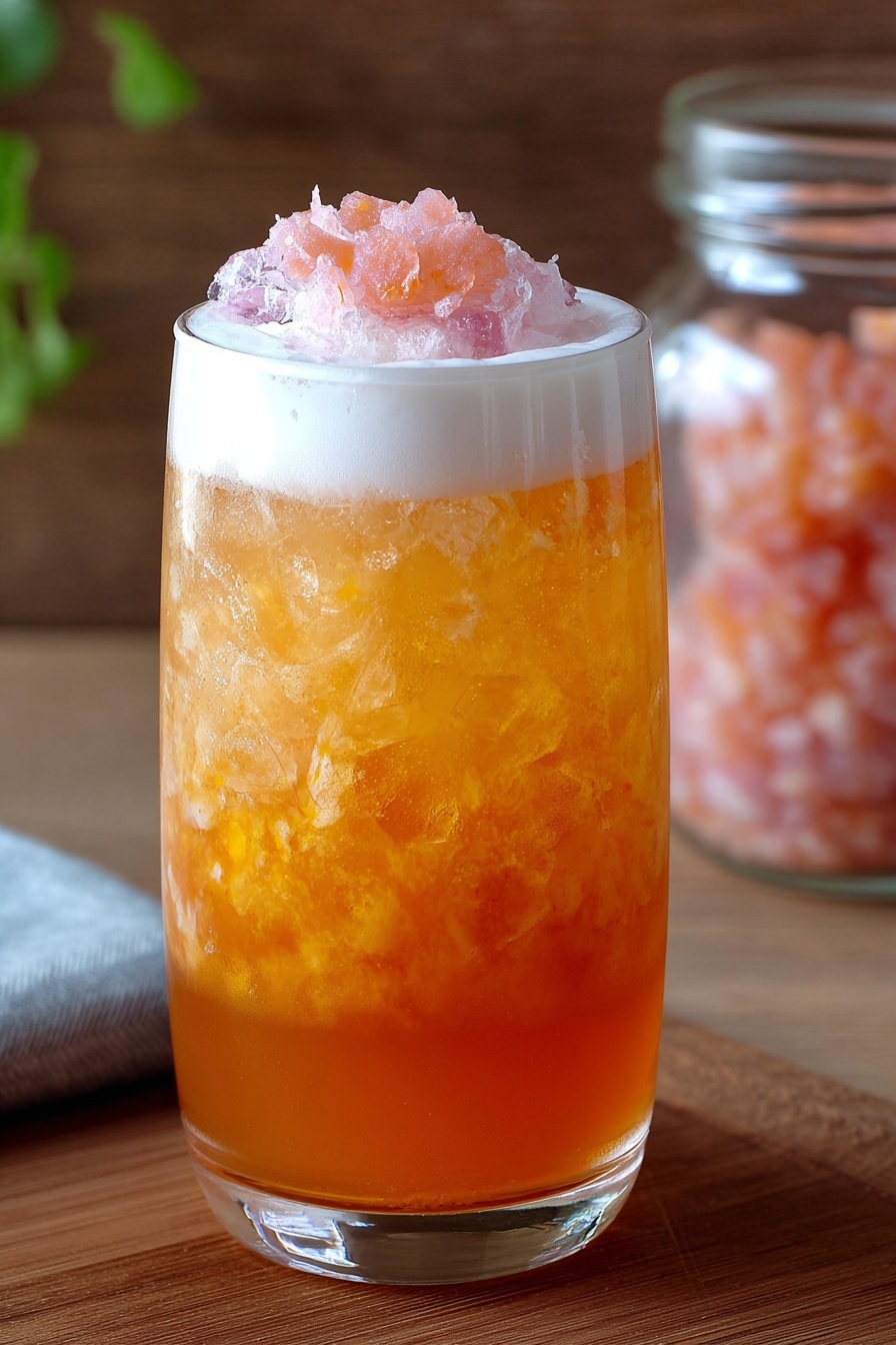The image shows a clear glass filled with three main layers: the bottom layer is orange liquid with some small pieces of pinkish fruit or pulp, the middle layer is a lighter orange liquid mixed with crushed ice giving it a textured look, and the top layer is white foam with a small pile of pinkish crushed pieces sitting on it. The glass itself is placed on a brown wooden surface with a blurred background that includes a glass jar holding more pinkish fruit pieces. The overall look is fresh and inviting. photo taken with an iphone --ar 2:3 --v 7 - Grapefruit Honey Cheong Syrup, grapefruit syrup recipe, homemade fruit syrup, citrus honey syrup, refreshing flavored syrup
