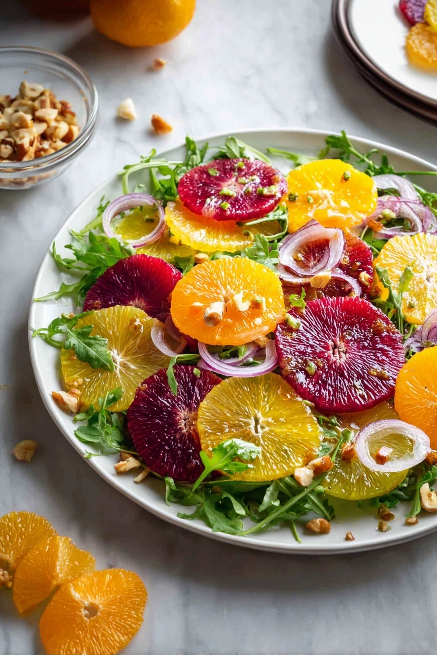 A white plate sits on a white marbled surface, filled with a colorful salad made of three main layers: the bottom layer is fresh green arugula leaves; on top are many thin, round slices of different citrus fruits in bright orange, deep red, and pale yellow colors, layered evenly across the plate; scattered on the very top are thin, curved slices of light purple onion, adding a delicate texture and color contrast. Some chopped nuts appear in a clear bowl nearby, and a few onion slices and nut pieces are casually scattered around the plate. photo taken with an iphone --ar 2:3 --v 7 - Citrus Salad with Arugula and Walnuts, citrus salad, healthy salad recipes, easy citrus salad, fresh fruit and greens salad