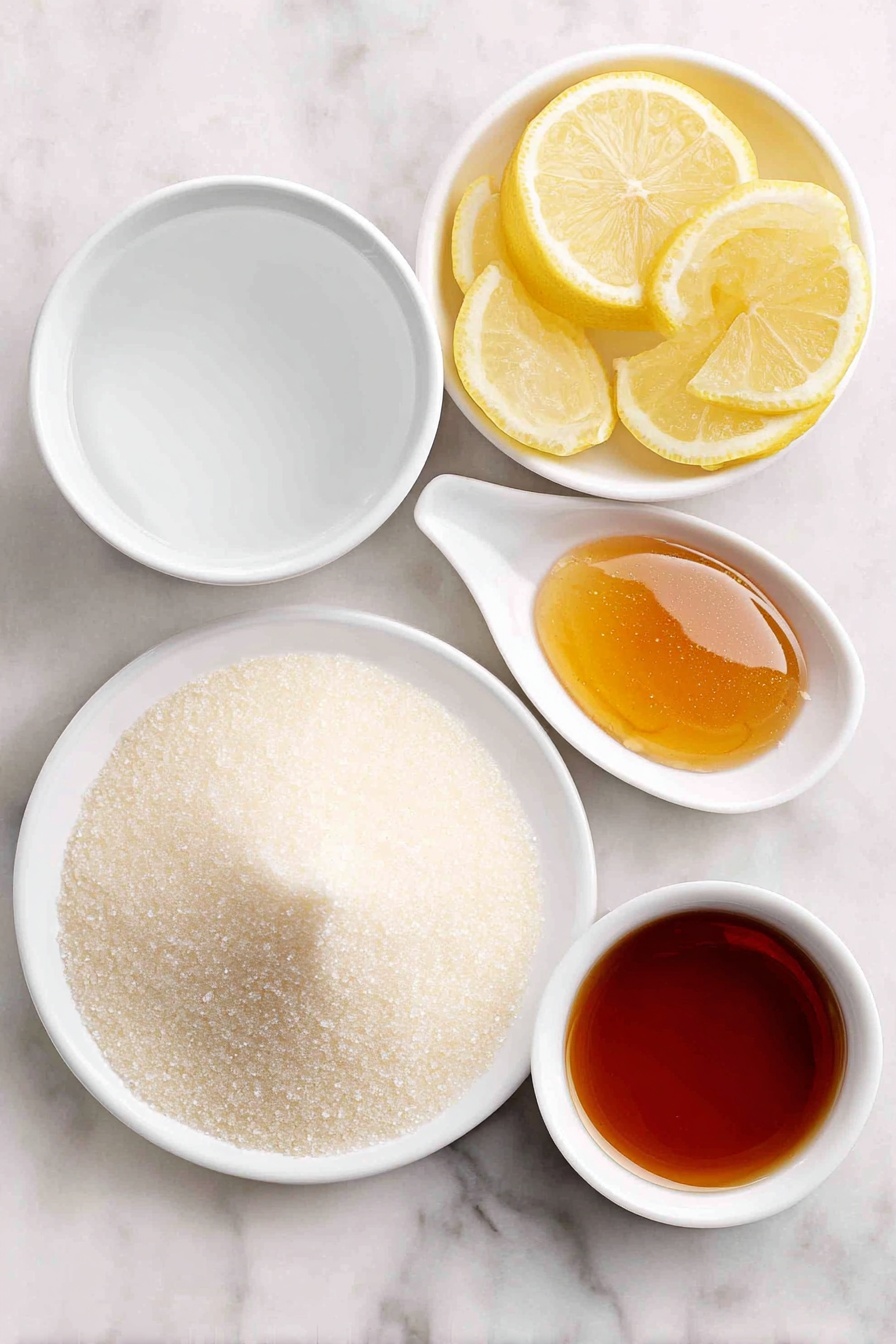 Flat lay of a small mound of unflavored gelatin powder on a white ceramic plate, a simple white ceramic bowl filled with clear cold water, another white ceramic bowl holding steaming hot water, a small white bowl with fresh lemon wedges and a clear lemon juice drizzle, a small white bowl containing golden apple cider vinegar, and a small white bowl with a spoonful of golden honey, placed on a clean white marble surface, soft natural light, photo taken with an iPhone, professional food photography style, fresh ingredients, white ceramic bowls, no bottles, no duplicates, no utensils, no packaging --ar 2:3 --v 7 --p m7354615311229779997 - Gelatin Weight Loss Drink, healthy gelatin drink for weight loss, natural metabolism booster, quick weight loss drink, appetite suppressant drink