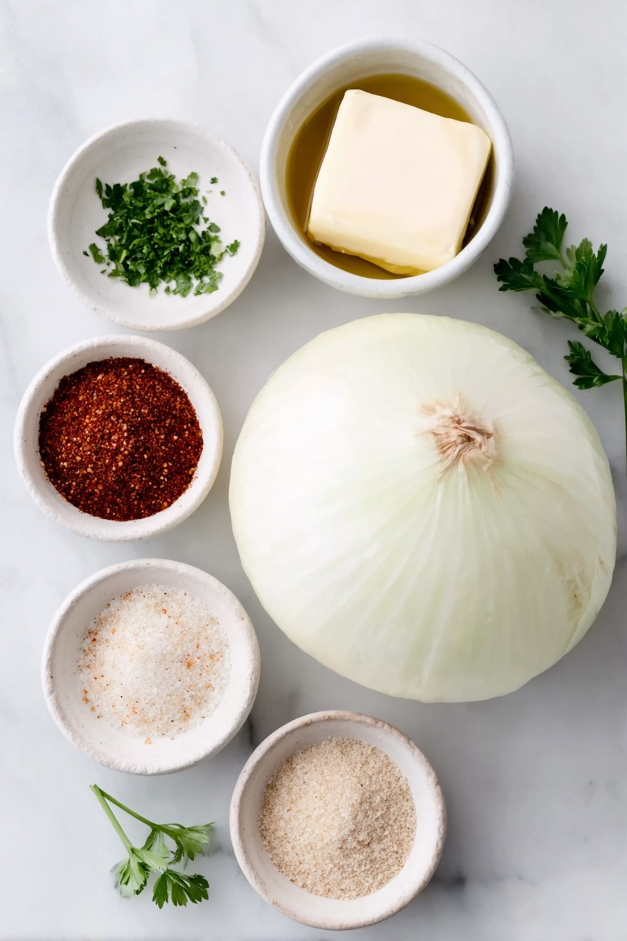Flat lay of a large peeled sweet onion with trimmed ends, a small white ceramic bowl of vegan butter, a small white ceramic bowl of extra virgin olive oil, a small white ceramic bowl containing reddish-brown Cajun seasoning powder, a small white ceramic bowl of fine salt, a small white ceramic bowl with light beige garlic powder, a small white ceramic bowl of Old Bay seasoning, and a few fresh sprigs of finely diced parsley leaves scattered gently, all arranged with perfect symmetry on a clean white marble surface, soft natural light, photo taken with an iPhone, professional food photography style, fresh ingredients, white ceramic bowls, no bottles, no duplicates, no utensils, no packaging --ar 2:3 --v 7 --p m7354615311229779997 - Viral TikTok Roasted Onion, roasted onion side dish, easy onion recipes, caramelized onion tutorial, TikTok onion trend
