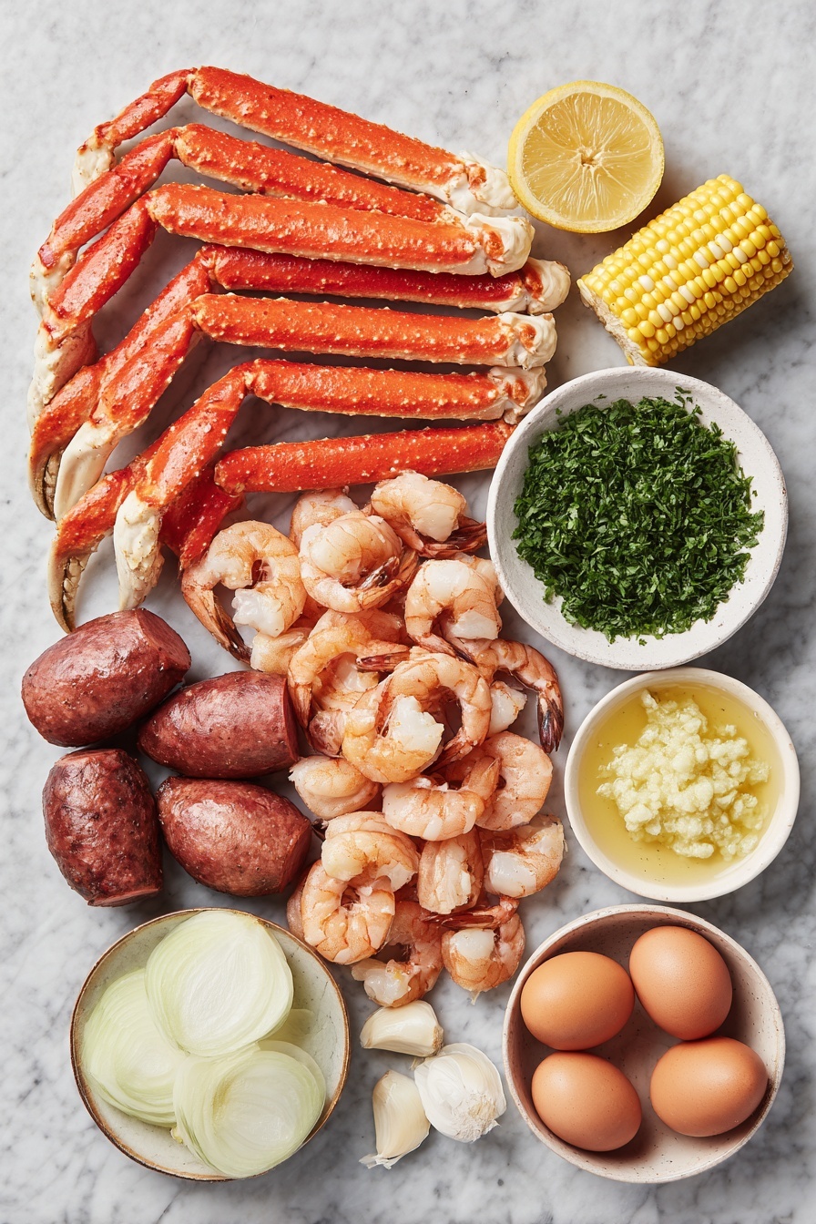 Flat lay of fresh snow crab leg clusters with bright red shells, several jumbo shrimp with pink shells and tails, rounds of sliced andouille sausage in deep reddish-brown hues, a cluster of small red and gold baby potatoes, a few mini ears of sweet corn with vibrant yellow kernels and green husks partially peeled back, a medium yellow onion sliced into translucent half-moon rings, a large lemon cut into bright yellow wedges, several whole uncracked brown eggs, and small white ceramic bowls containing finely minced garlic, golden melted butter, and freshly chopped green parsley, placed on a clean white marble surface, soft natural light, photo taken with an iPhone, professional food photography style, fresh ingredients, white ceramic bowls, no bottles, no duplicates, no utensils, no packaging --ar 2:3 --v 7 --p m7354615311229779997 - Cajun Seafood Boil, Cajun Seafood Boil with Garlic Butter, New Orleans seafood boil, spicy seafood boil recipe, seafood boil ideas