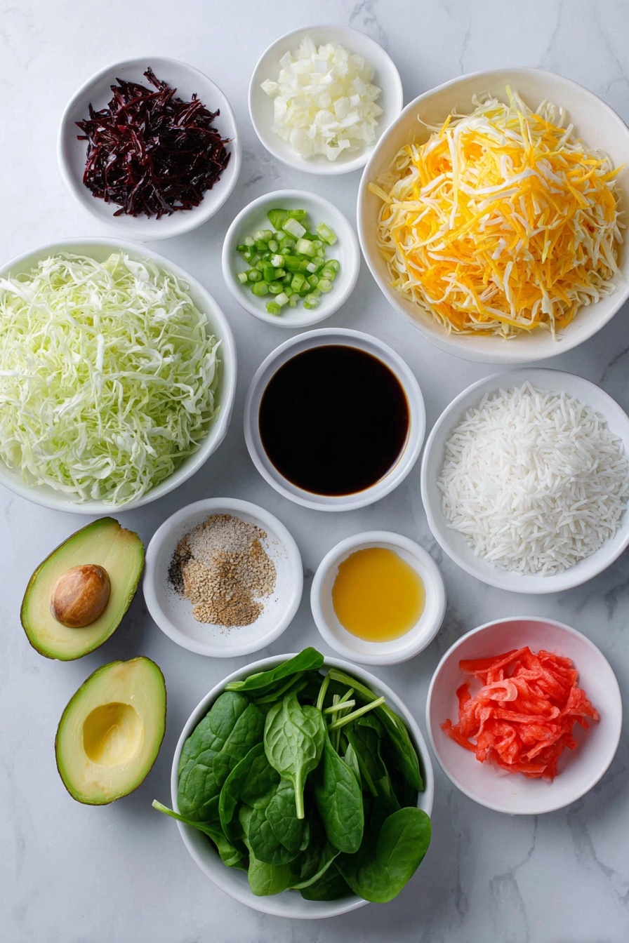 Flat lay of finely grated red apple with skin on, finely grated white onion, three peeled garlic cloves, a thumb-sized piece of fresh ginger, a small white ceramic bowl with dark soy sauce, a small white ceramic bowl with golden sesame oil, a small white ceramic bowl with light brown mirin, a small white ceramic bowl with soft brown sugar, a small white ceramic bowl with black pepper, a small white ceramic bowl with rice vinegar, a fresh whole carrot peeled, whole ripe avocado halved with seed showing, fresh baby spinach leaves, fresh baby cos/romaine lettuce torn into bite size pieces, a handful of white sesame seeds, one green onion with finely sliced green tops, a small pile of white medium grain rice, a small white ceramic bowl with light golden canola oil, and a small pile of bright pink pickled ginger, placed on a clean white marble surface, soft natural light, photo taken with an iPhone, professional food photography style, fresh ingredients, white ceramic bowls, no bottles, no duplicates, no utensils, no packaging --ar 2:3 --v 7 --p m7354615311229779997 - Korean Beef Bulgogi Rice Bowls, Korean beef bowl, Bulgogi rice bowl recipe, easy Korean beef recipe, quick dinner bowls
