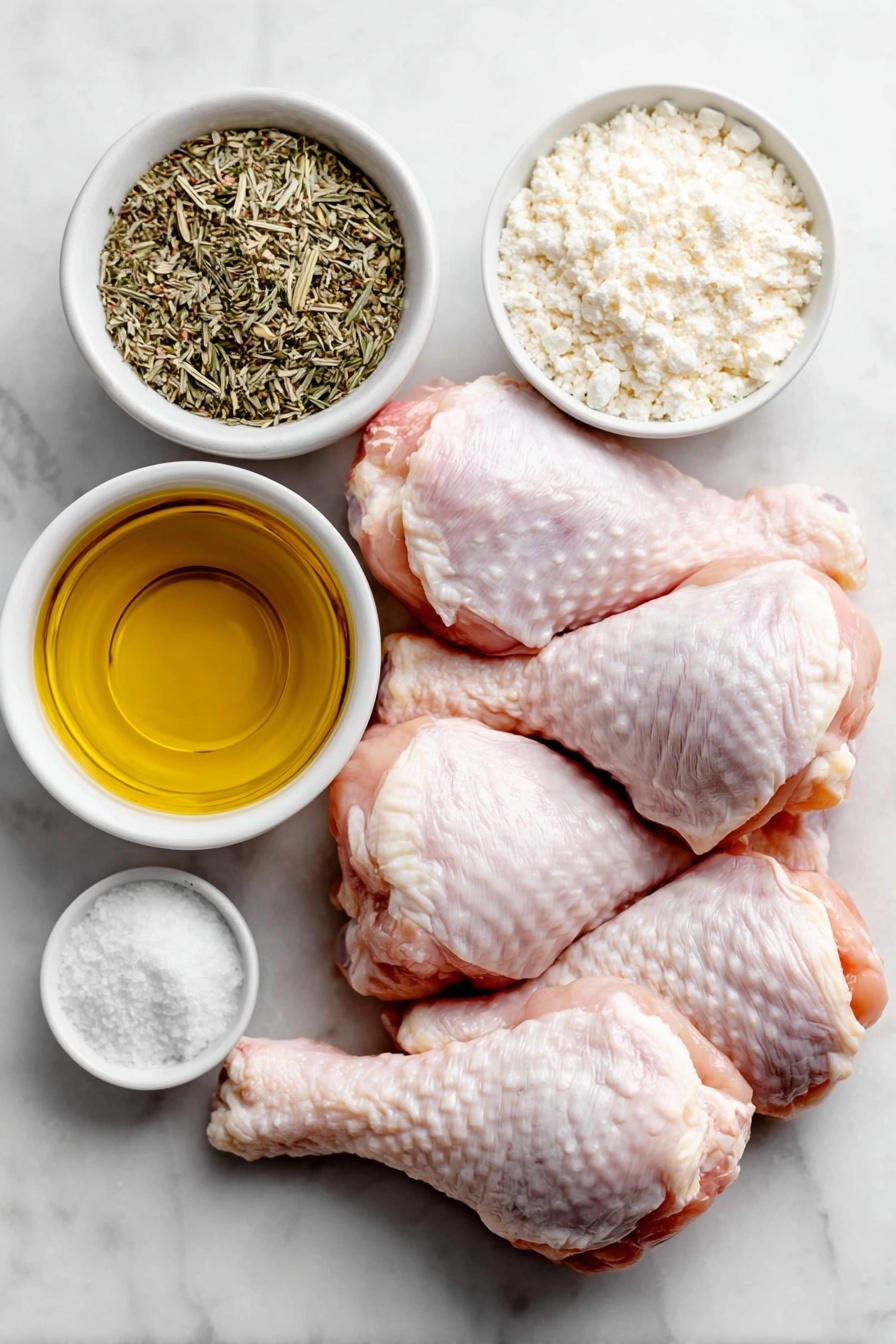 Flat lay of fresh, raw chicken drumsticks with clean skin and no excess fat, a small white ceramic bowl of golden olive oil, a small white ceramic bowl filled with brown poultry seasoning powder, a small white ceramic bowl containing coarse salt crystals, a small white ceramic bowl with black peppercorns, and a small white ceramic bowl of fine baking powder, all arranged symmetrically on a clean white marble surface, soft natural light, photo taken with an iPhone, professional food photography style, fresh ingredients, white ceramic bowls, no bottles, no duplicates, no utensils, no packaging --ar 2:3 --v 7 --p m7354615311229779997 - Crispy Baked Chicken Legs, baked chicken legs crispy, crispy oven-baked chicken thighs, juicy baked chicken drumsticks, healthy crispy chicken dish