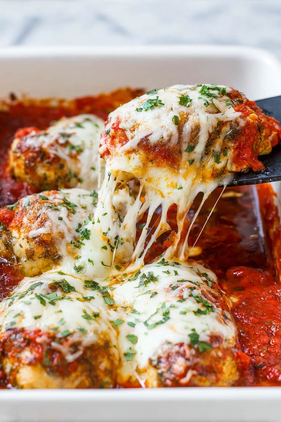 The image shows a white baking dish filled with several pieces of golden-brown cooked chicken layered with bright red tomato sauce and topped with melted white cheese that stretches as a black spatula lifts one piece. The chicken has a slightly crispy texture, and the cheese looks smooth and creamy with small green herb pieces sprinkled on top. The tomato sauce is thick with visible chunks, sitting at the bottom and around the chicken. The background features a white marbled surface. Photo taken with an iphone --ar 2:3 --v 7 - Easy Chicken Parmesan, chicken parmesan, crispy chicken parmesan, cheesy chicken parmesan, Italian chicken dishes