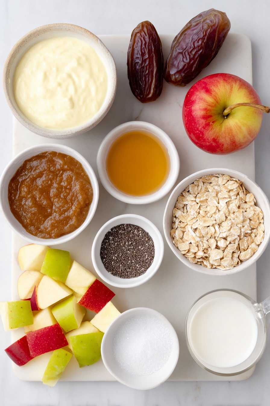 Flat lay of a small white ceramic bowl of plain unsweetened plant-based yogurt, a few spoonfuls of smooth golden apple butter on a white plate, two whole medjool dates with glossy brown skin, a tiny white bowl with pale yellow miso paste, a small white bowl holding golden vanilla extract, cinnamon powder lightly poured in a small white bowl, a pinch of ground cardamom in a tiny white bowl, a small white bowl filled with coarse kosher salt crystals, a white ceramic cup filled with creamy soy milk, a small white bowl with black chia seeds, a small white bowl holding gluten-free rolled oats, a small white bowl with walnut halves, diced fresh bright red and yellow apples scattered softly on a white plate, a small white bowl with thick amber maple syrup, placed on a clean white marble surface, soft natural light, photo taken with an iPhone, professional food photography style, fresh ingredients, white ceramic bowls, no bottles, no duplicates, no utensils, no packaging --ar 2:3 --v 7 --p m7354615311229779997 - Apple Cinnamon Chia Pudding with Fruit Crumble, healthy apple cinnamon breakfast, nutritious chia pudding with fruit topping, cozy fall breakfast recipes, easy fruit crumble dessert