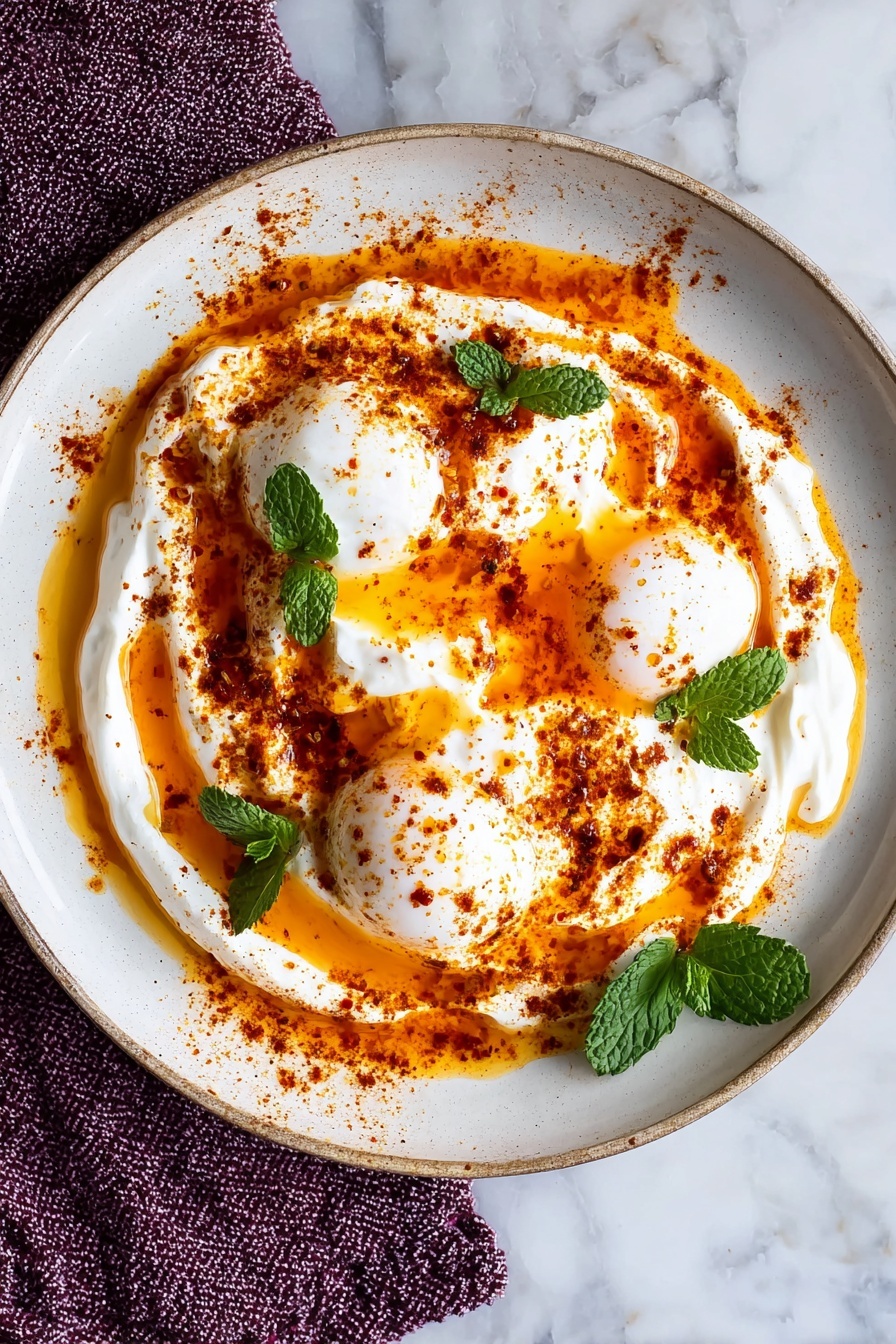 A white round plate with a swirled layer of creamy white yogurt or sauce spread across the center. On top, there are three soft poached eggs with slightly runny yellow yolks showing through. The dish is topped with a bright orange-red oily spice mix, sprinkled unevenly over the yogurt and eggs, creating a vibrant contrast. Two small fresh green mint leaves are placed on the surface, adding a pop of color. The plate sits on a white marbled surface with a textured purple cloth to the side. photo taken with an iphone --ar 2:3 --v 7 - Turkish Eggs with Spiced Yogurt, Turkish Eggs, Spiced Yogurt Eggs, Poached Eggs with Spiced Yogurt, Middle Eastern Egg Dish