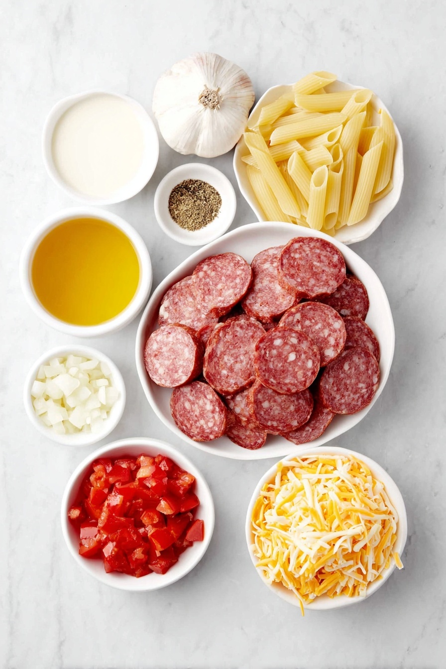 Flat lay of a simple white ceramic bowl filled with golden olive oil, a neat pile of sliced kielbasa sausage with a rich reddish-brown color, a small mound of diced white onion, two whole cloves of garlic with papery skin intact, a tiny white bowl holding dried Italian seasoning herbs, another small white bowl with creamy milk, a cluster of uncooked penne pasta with smooth, pale yellow tubes, a small white bowl filled with bright red diced Italian tomatoes, a small white bowl of light golden reduced-sodium chicken broth, a small white bowl containing ground black pepper, a generous pile of shredded orange and white Cheddar-Jack cheese, all arranged symmetrically and balanced on a clean white marble surface, soft natural light, photo taken with an iPhone, professional food photography style, fresh ingredients, white ceramic bowls, no bottles, no duplicates, no utensils, no packaging --ar 2:3 --v 7 --p m7354615311229779997 - Cheesy Kielbasa Pasta, kielbasa pasta recipes, easy sausage pasta, creamy kielbasa dish, quick weeknight dinner ideas