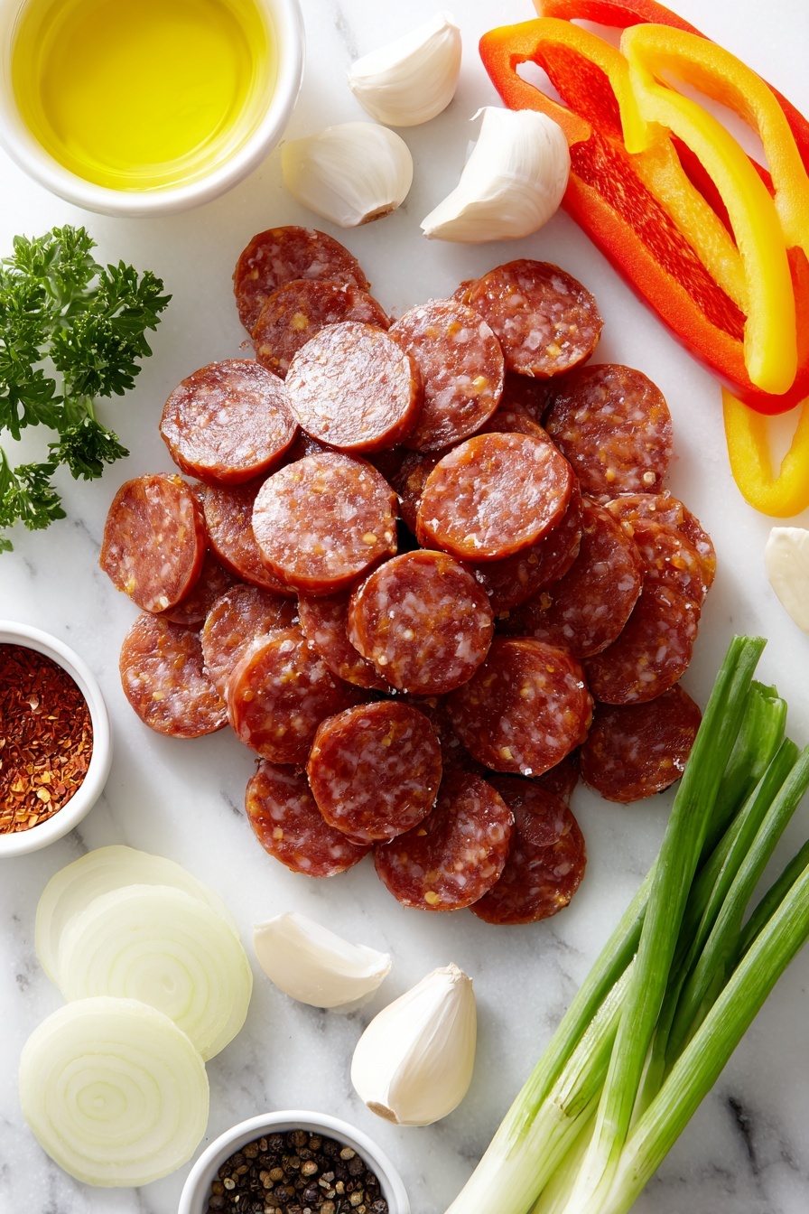 Flat lay of a small pile of thinly sliced andouille sausage rounds with a rich reddish-brown color, a single fresh red bell pepper cut into long thin strips, a yellow bell pepper sliced similarly, a small yellow onion sliced into thin strips, four whole garlic cloves with their natural white papery skins, a few sprigs of fresh bright green parsley, a single green onion with white bulb and vibrant green stalks sliced diagonally, a small white ceramic bowl filled with golden olive oil, a small white ceramic bowl with mixed black and white coarse ground pepper, and a small white ceramic bowl containing bright red crushed pepper flakes, all arranged symmetrically on a clean white marble surface, soft natural light, photo taken with an iPhone, professional food photography style, fresh ingredients, white ceramic bowls, no bottles, no duplicates, no utensils, no packaging --ar 2:3 --v 7 --p m7354615311229779997 - Sausage and Pepper Skillet, Sausage and Pepper Skillet recipe, quick sausage and pepper dinner, easy sausage skillet, smoky sausage peppers meal