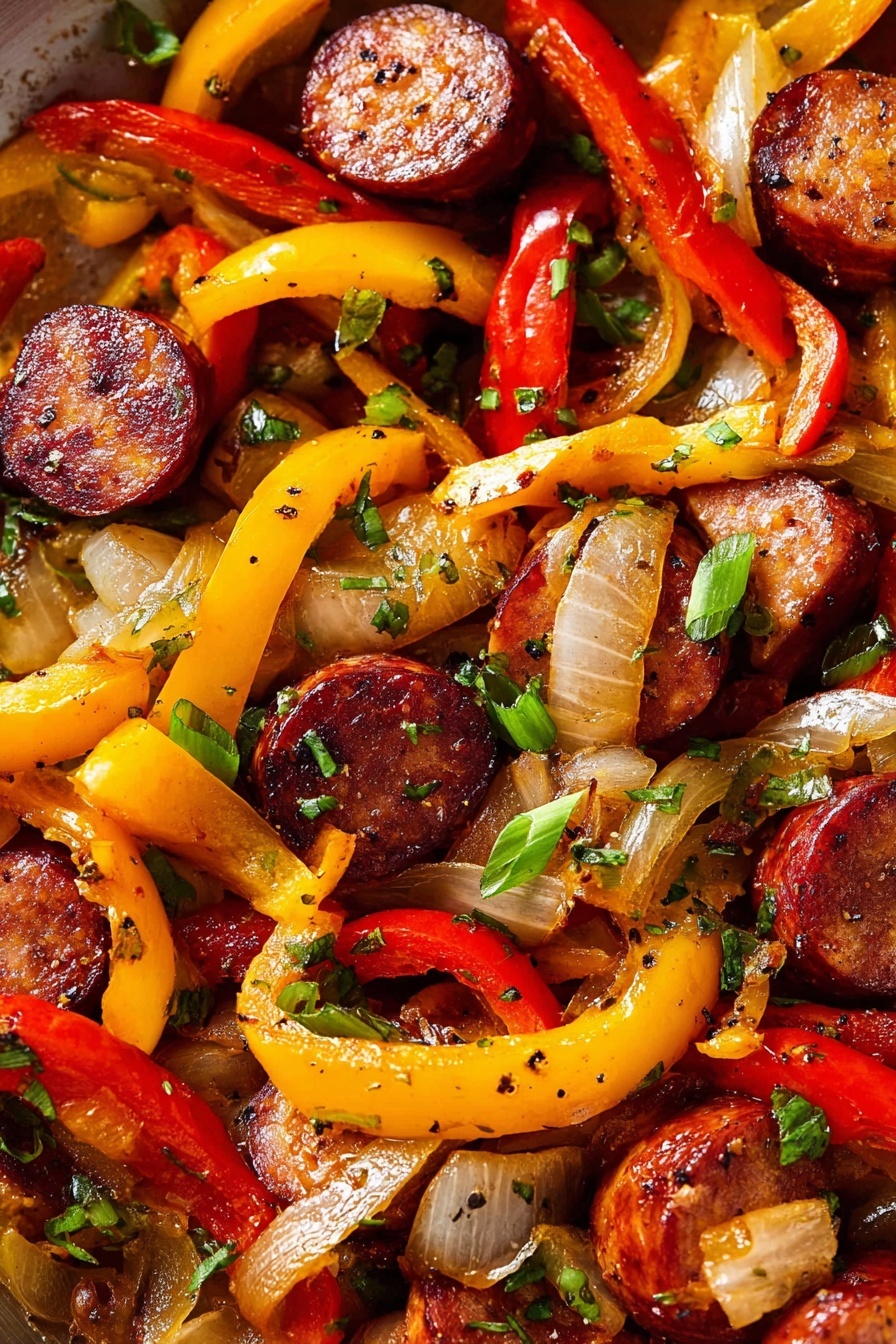 The image shows a close-up of cooked sausage slices mixed with sautéed bell pepper strips and onion slices. The sausage pieces are round, browned with a slightly crispy edge, and deep reddish-brown in color. Bright strips of yellow and red bell peppers are scattered evenly around the dish, mixed with slightly translucent cooked onion slices that have a light golden tint. Small green pieces of chopped herbs and green onion slices are sprinkled on top, adding fresh color contrast and texture. The ingredients appear glossy from cooking oil, and some black pepper flakes are visible. The background is a white marbled texture photo taken with an iphone --ar 2:3 --v 7 - Sausage and Pepper Skillet, Sausage and Pepper Skillet recipe, quick sausage and pepper dinner, easy sausage skillet, smoky sausage peppers meal