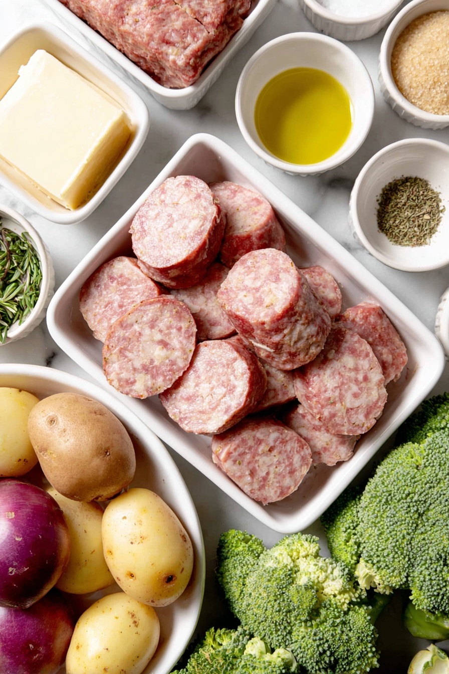 Flat lay of sliced pork kielbasa rounds, a chopped sweet potato with bright orange flesh, four small mixed potatoes including purple, yellow, and red varieties cut into chunks, two heads of fresh green broccoli florets, three peeled garlic cloves, a small white ceramic bowl with golden olive oil, a small white ceramic bowl with melted unsalted butter, a small white ceramic bowl filled with amber honey, a small white ceramic bowl holding light brown packed brown sugar, a small white ceramic bowl with smooth yellow dijon mustard, a small white ceramic bowl containing dried green basil, a small white ceramic bowl with dried oregano, a small white ceramic bowl of coarse kosher salt, a small white ceramic bowl with freshly ground black pepper, all ingredients arranged symmetrically and balanced on a clean white marble surface, soft natural light, photo taken with an iPhone, professional food photography style, fresh ingredients, white ceramic bowls, no bottles, no duplicates, no utensils, no packaging --ar 2:3 --v 7 --p m7354615311229779997 - Honey Garlic Kielbasa Sheet Pan, Kielbasa sheet pan dinner, easy kielbasa recipes, one-pan sausage meals, quick weeknight dinners