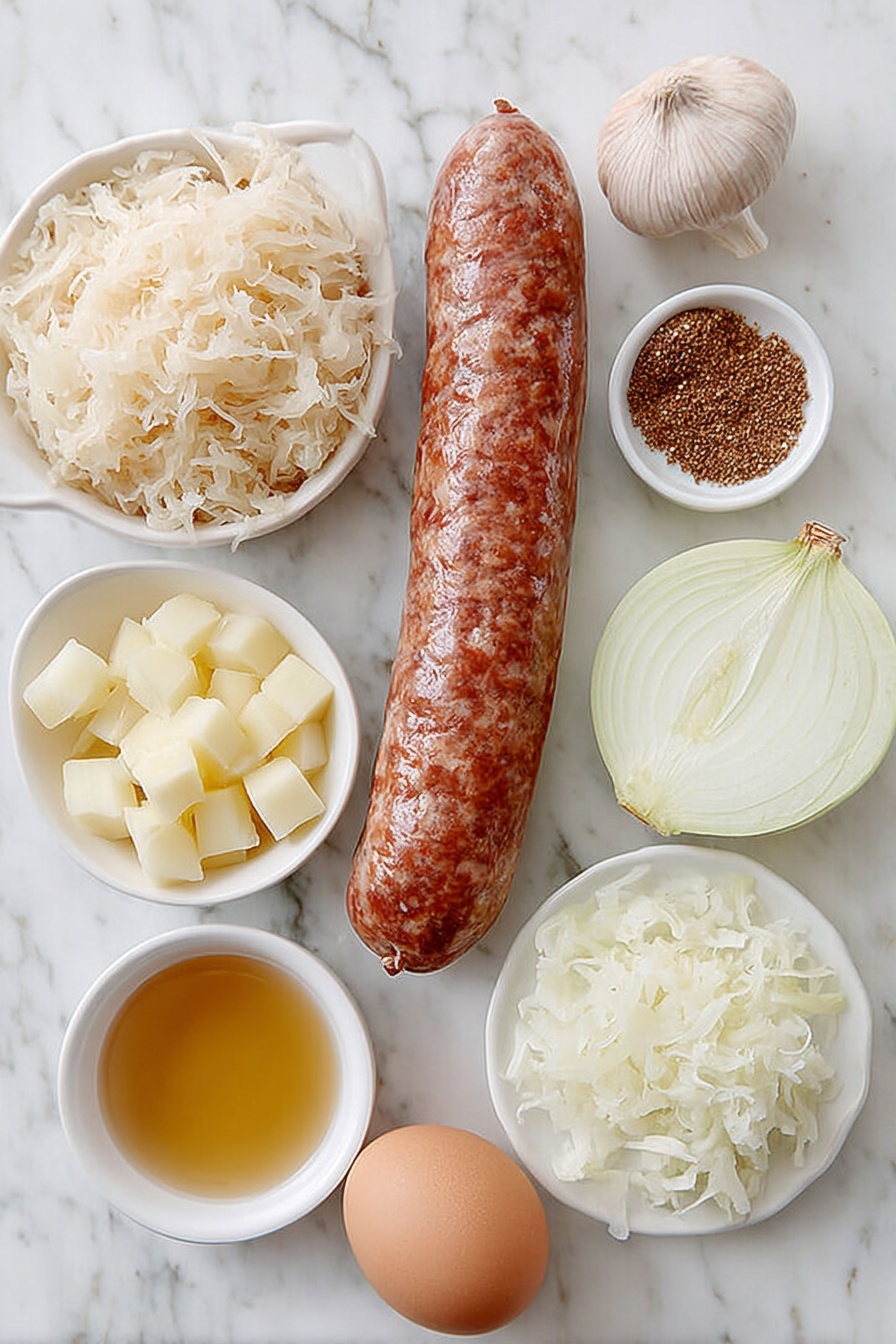 Flat lay of a fresh whole kielbasa sausage link, a small heap of golden diced Yukon Gold potatoes, a halved large yellow onion with diced pieces nearby, one whole uncracked brown egg, a peeled garlic clove, a small white ceramic bowl filled with sauerkraut strands, a small white ceramic bowl containing golden olive oil, a small white ceramic bowl holding light amber chicken stock, and a small pile of brown caraway seeds, all arranged with perfect symmetry on a clean white marble surface, soft natural light, photo taken with an iPhone, professional food photography style, fresh ingredients, white ceramic bowls, no bottles, no duplicates, no utensils, no packaging --ar 2:3 --v 7 --p m7354615311229779997 - Kielbasa and Sauerkraut Skillet, kielbasa skillet recipe, easy sauerkraut dinner, quick comfort food recipes, hearty sausage skillet