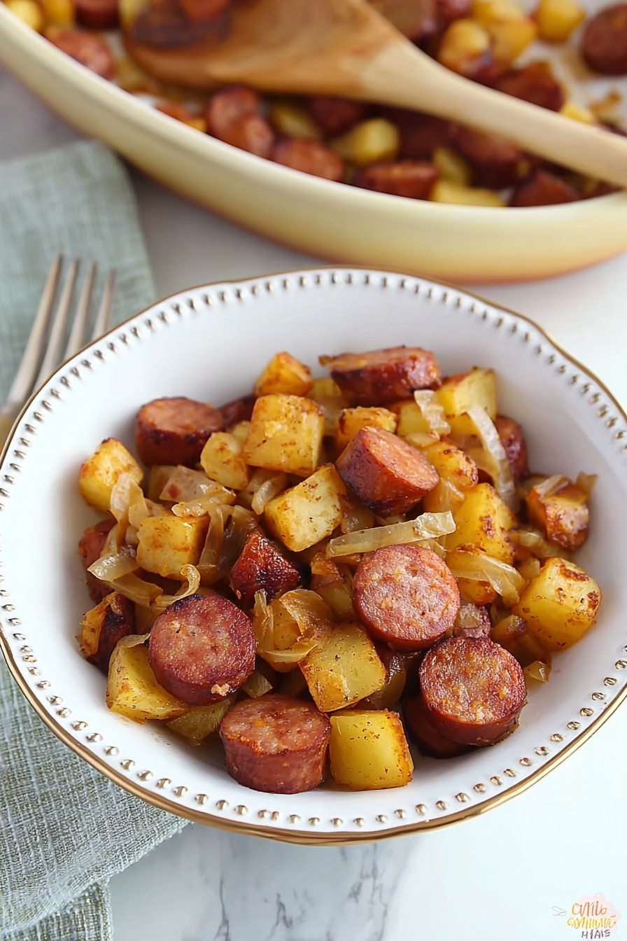 The image shows a yellow oval dish filled with a mixture of cooked sliced sausage and small cubes of potatoes, both browned with a slight crisp texture. The sausage pieces are round and reddish-brown, scattered evenly throughout the dish, while the potato cubes are golden brown and also mixed with very small bits of translucent cooked onions, adding texture and color contrast. The dish sits on a white marbled surface, and a white cloth is partially visible on the lower left side. Photo taken with an iphone --ar 2:3 --v 7 - Kielbasa and Potatoes Skillet, hearty kielbasa skillet, easy sausage and potato dish, one-pan kielbasa recipe, simple weeknight dinner