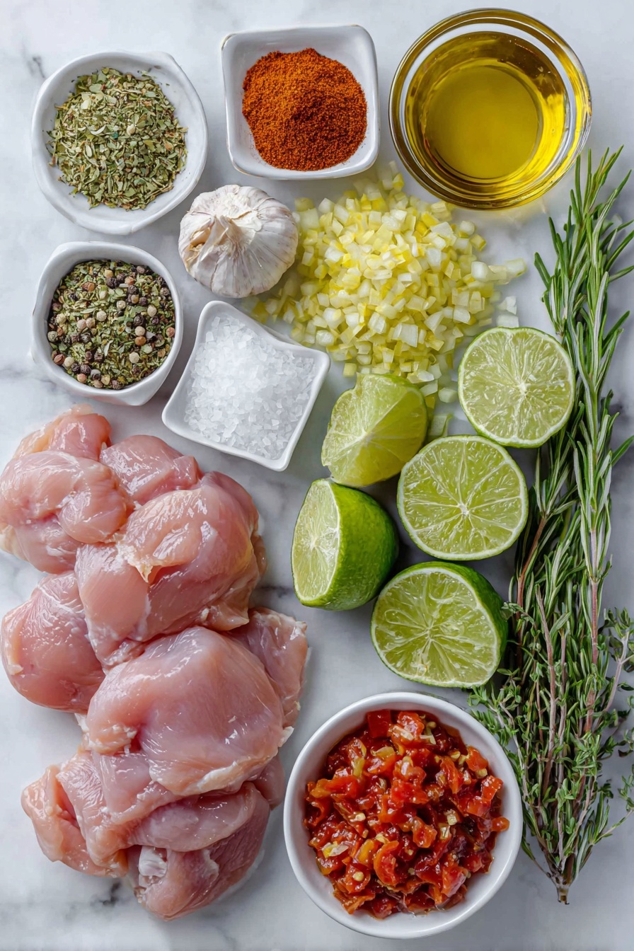 Flat lay of boneless, skinless chicken breasts, a small mound of ground cumin powder, a small heap of smoked paprika, a small heap of dried oregano leaves, a small pile of cayenne pepper powder, coarse sea salt crystals, freshly ground black peppercorns, a drizzle of olive oil in a small white ceramic bowl, a finely diced small yellow onion on a white ceramic plate, three unpeeled garlic cloves, a small dollop of bright red tomato paste on a white ceramic spoon-shaped dish, a small white bowl filled with diced fresh red tomatoes, a small white bowl containing creamy unsweetened coconut milk, a few sprigs of fresh green cilantro, and two fresh lime wedges arranged neatly on a simple white ceramic plate, placed on a clean white marble surface, soft natural light, photo taken with an iPhone, professional food photography style, fresh ingredients, white ceramic bowls, no bottles, no duplicates, no utensils, no packaging --ar 2:3 --v 7 --p m7354615311229779997 - Coconut Milk Chicken, Coconut Milk Chicken Recipe, Easy Coconut Chicken Dinner, Creamy Coconut Chicken, Tropical Chicken Recipe