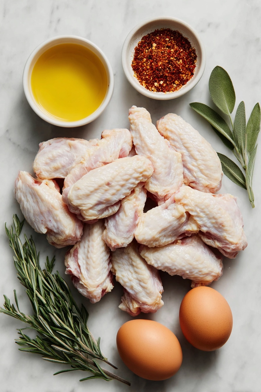 Flat lay of fresh split chicken wings arranged neatly next to a small white ceramic bowl filled with golden cooking oil, another small white bowl containing bright red paprika powder, a small white bowl with light brown cumin powder, a small white bowl holding pale beige garlic powder, a small white bowl with fine off-white onion powder, a small white bowl containing vibrant red cayenne powder, a small white bowl with dried green oregano leaves, a small white bowl filled with dark black peppercorns, a small white bowl with fine white salt crystals, and a small white bowl with a light beige instant chicken stock powder, all placed symmetrically on a clean white marble surface, soft natural light, photo taken with an iPhone, professional food photography style, fresh ingredients, white ceramic bowls, no bottles, no duplicates, no utensils, no packaging --ar 2:3 --v 7 --p m7354615311229779997 - Baked Chicken Wings with Spicy Marinade, spicy baked chicken wings, crispy baked chicken wings, flavorful chicken wing recipe, easy baked wing marinade