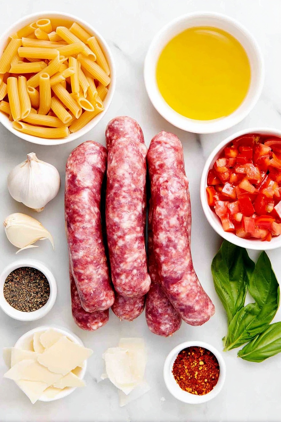 Flat lay of a small pile of fresh Italian sausage links with a natural pinkish-red color and flecks of herbs, a small white onion whole with papery skin, three whole garlic cloves unpeeled with smooth white skins, a small white ceramic bowl filled with golden olive oil, a small white ceramic bowl containing bright red crushed red pepper flakes, a small white ceramic bowl with coarse salt crystals, a small white ceramic bowl with whole black peppercorns, a large white ceramic bowl filled with rich golden chicken broth, a small white ceramic bowl brimming with diced ripe red tomatoes, a small pile of uncooked casarecce pasta with twisted, short tube shapes, a small white ceramic bowl filled with thick, creamy off-white heavy cream, a few fresh basil sprigs with vibrant green leaves, a small mound of freshly grated pale yellow Parmesan cheese, all arranged symmetrically and balanced, placed on a clean white marble surface, soft natural light, photo taken with an iPhone, professional food photography style, fresh ingredients, white ceramic bowls, no bottles, no duplicates, no utensils, no packaging --ar 2:3 --v 7 --p m7354615311229779997 - Italian Sausage Soup with Pasta, hearty Italian sausage soup, easy sausage pasta soup recipe, comforting Italian sausage soup, quick weeknight sausage soup