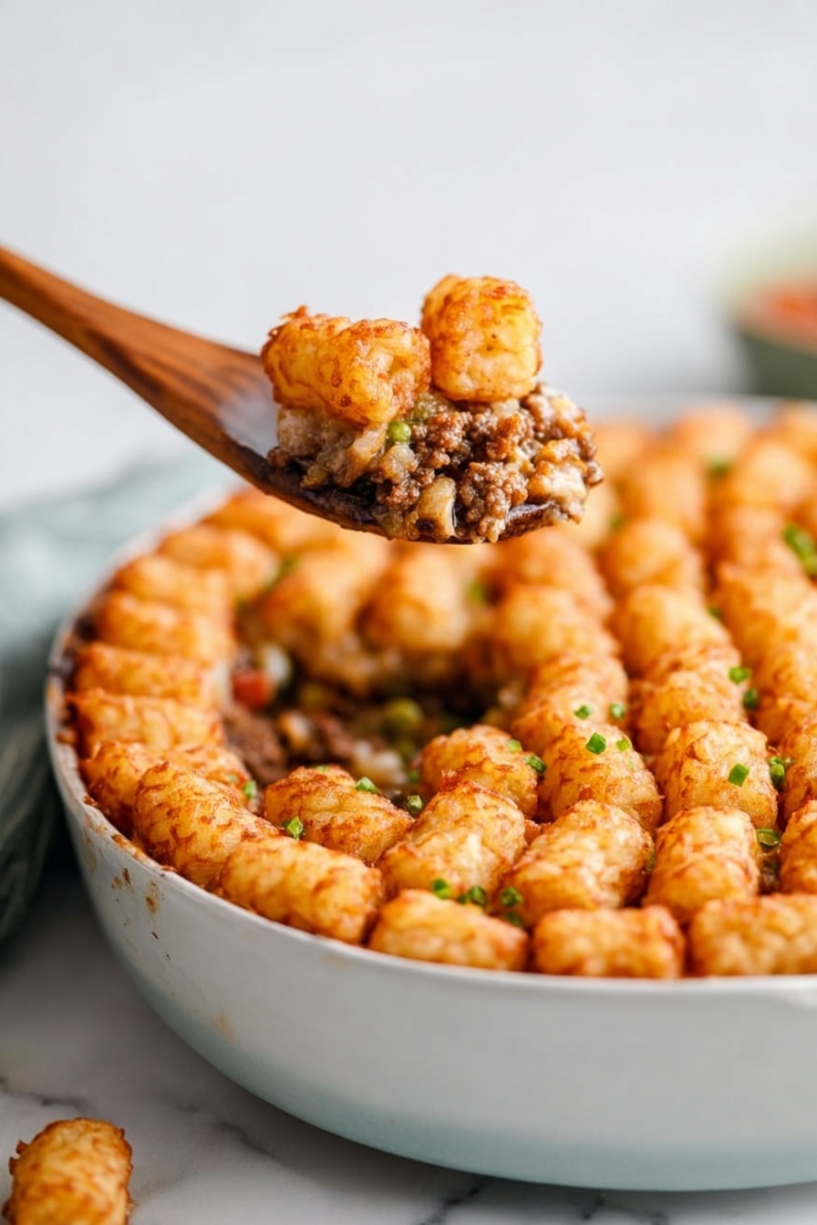 A large oval white pan with golden handles holds a dish of evenly arranged small golden brown baked pieces, likely tater tots, placed in tight concentric rows with a slightly crispy texture. Beneath the tots, a thick golden brown sauce can be seen filling the bottom of the pan, giving a warm, rich contrast to the crispy layer above. The pan sits on a white marbled surface, enhancing the warm colors of the dish. Photo taken with an iphone --ar 2:3 --v 7 - Cowboy Tater Tot Casserole, easy tater tot casserole, best beef tater tot bake, cheesy tater tot casserole, hearty comfort food dinner