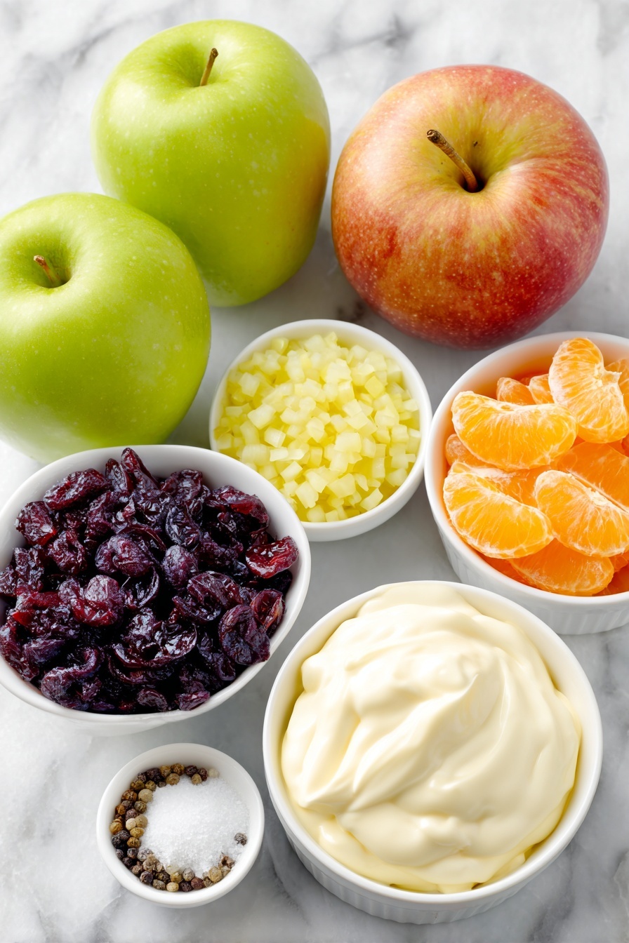 Flat lay of a whole red delicious apple, a whole granny smith apple, a small white ceramic bowl with matchstick-cut fresh carrots, a small white ceramic bowl of finely diced yellow onion, a small white ceramic bowl with dried sweetened cranberries, a small white ceramic bowl filled with creamy vanilla yogurt, a small white ceramic bowl with smooth mayonnaise, a small white ceramic bowl holding bright orange mandarin segments, a small white ceramic bowl containing fresh lemon juice, a small white ceramic bowl with granulated sugar, a small white ceramic bowl with salt, and a small white ceramic bowl with black peppercorns, all arranged symmetrically and proportionally, placed on a clean white marble surface, soft natural light, photo taken with an iPhone, professional food photography style, fresh ingredients, white ceramic bowls, no bottles, no duplicates, no utensils, no packaging --ar 2:3 --v 7 --p m7354615311229779997 - Best Carrot Apple Salad, simple healthy carrot apple salad, easy fruit salad recipe, refreshing summer salad, tangy sweet vegetable salad