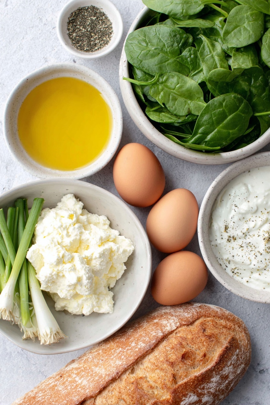 Flat lay of a small white ceramic bowl of extra-virgin olive oil, a few whole uncracked brown eggs, a small pile of fresh baby spinach leaves, thinly sliced green onions with white and green parts separated, a small white bowl containing creamy Greek yogurt, a scattering of coarse kosher salt crystals, a small white bowl with ground black pepper, and a rustic crusty bread loaf slice, all arranged symmetrically on a clean white marble surface, soft natural light, photo taken with an iPhone, professional food photography style, fresh ingredients, white ceramic bowls, no bottles, no duplicates, no utensils, no packaging --ar 2:3 --v 7 --p m7354615311229779997 - Creamy Spinach Egg Skillet, creamy spinach egg dish, easy healthy breakfast, weekend brunch recipes, quick spinach egg skillet
