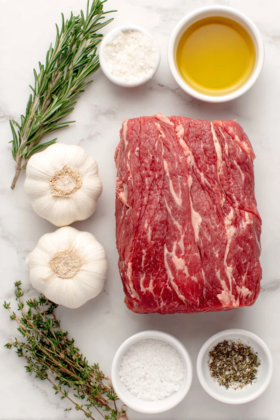Flat lay of a large raw bottom round beef roast with a deep red color and marbled fat, three fresh whole garlic bulbs with bright white skin and green stems, a small white ceramic bowl filled with golden olive oil, a small white ceramic bowl containing coarse kosher salt crystals, a small white ceramic bowl with freshly ground black pepper, a small white ceramic bowl holding dried rosemary needles, a small white ceramic bowl with dried thyme leaves, and a few sprigs of fresh rosemary and thyme placed neatly alongside, all arranged symmetrically on a clean white marble surface, soft natural light, photo taken with an iPhone, professional food photography style, fresh ingredients, white ceramic bowls, no bottles, no duplicates, no utensils, no packaging --ar 2:3 --v 7 --p m7354615311229779997 - Herb Rubbed Bottom Round Roast Beef, roasted beef with herb rub, flavorful bottom round roast, easy roast beef recipe, tender herb crusted beef