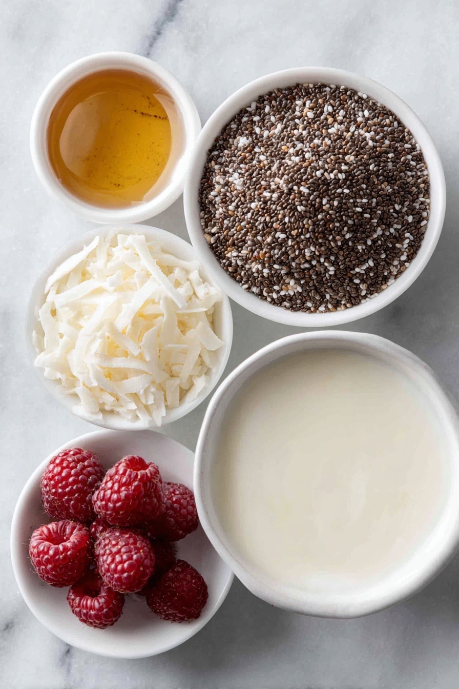 Flat lay of a small mound of black chia seeds, a simple white ceramic bowl filled with creamy almond milk, a small white bowl with golden maple syrup, a small white bowl holding a clear pale vanilla extract, a handful of fresh ripe red raspberries both whole and gently mashed in a white ceramic dish, a small white bowl of sliced almonds, and a small white bowl of shredded coconut, all arranged in perfect symmetry on a clean white marble surface, soft natural light, photo taken with an iPhone, professional food photography style, fresh ingredients, white ceramic bowls, no bottles, no duplicates, no utensils, no packaging --ar 2:3 --v 7 --p m7354615311229779997 - Raspberry Chia Pudding with Maple Syrup, healthy raspberry chia pudding, easy chia seed pudding with berries, vegan raspberry chia dessert, simple breakfast chia pudding